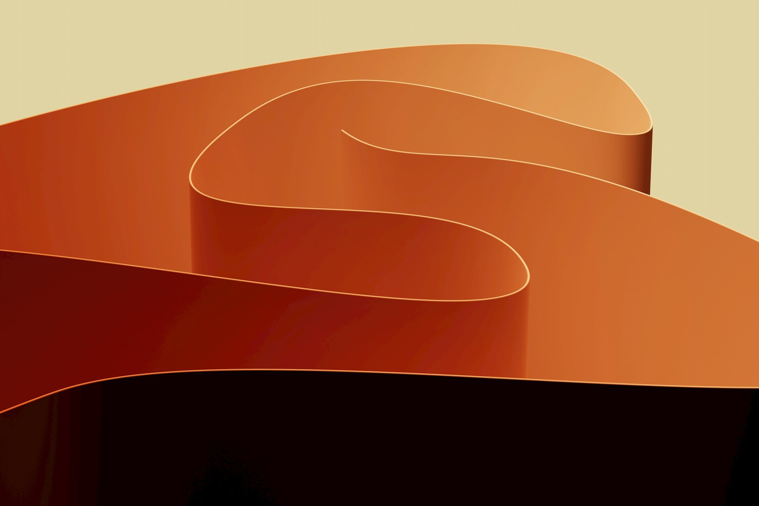 Abstract artwork featuring flowing, ribbon-like shapes in shades of orange and red against a beige background.