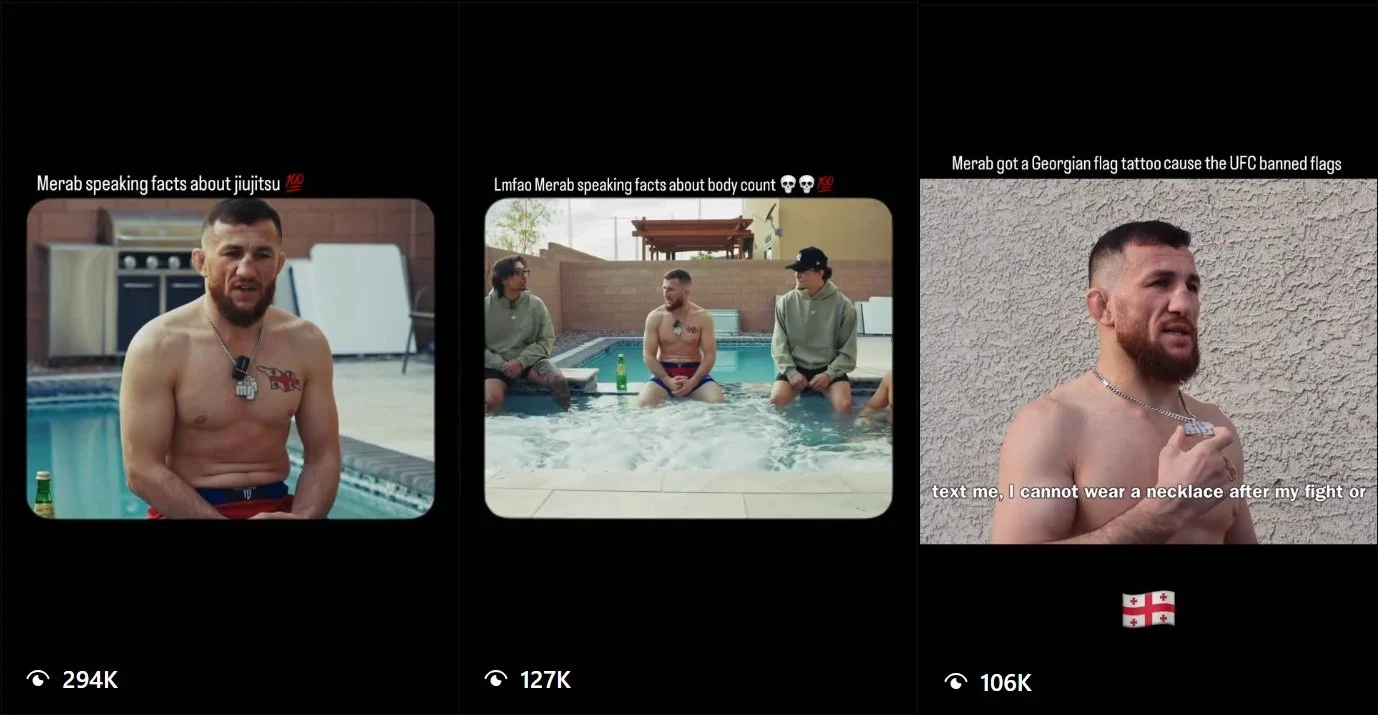 Three video screenshots featuring a man speaking in front of a pool. In the first image, he has tattoos on his chest, is shirtless, and wearing a necklace. In the second, he is sitting in the pool with two other people, also shirtless, with a poolside background. The third shows him standing shirtless in front of a textured wall, holding his necklace. Each image has captions about Merab and facts he is sharing.