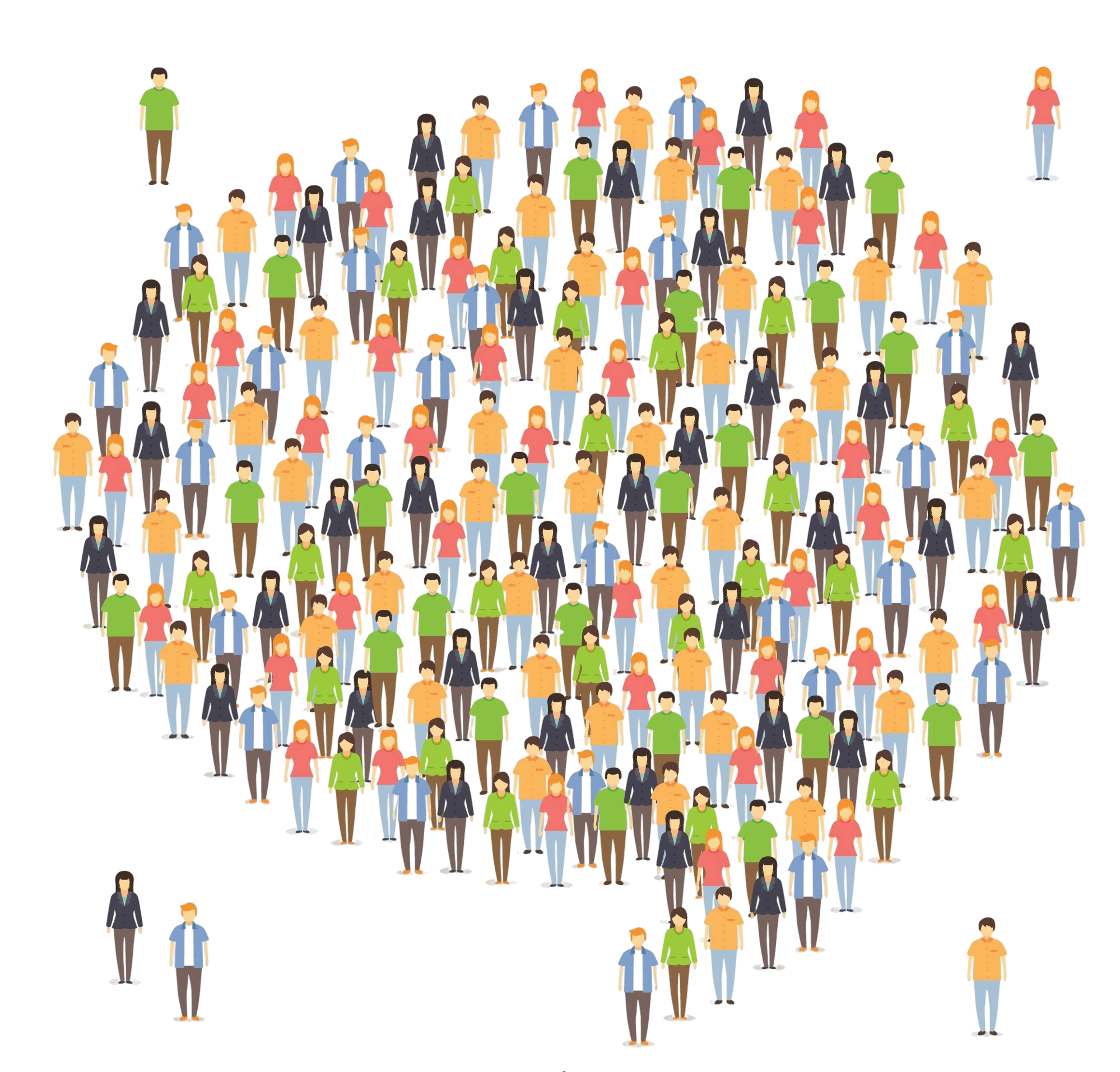 Illustration of a crowded staircase with many people wearing different colored clothing.