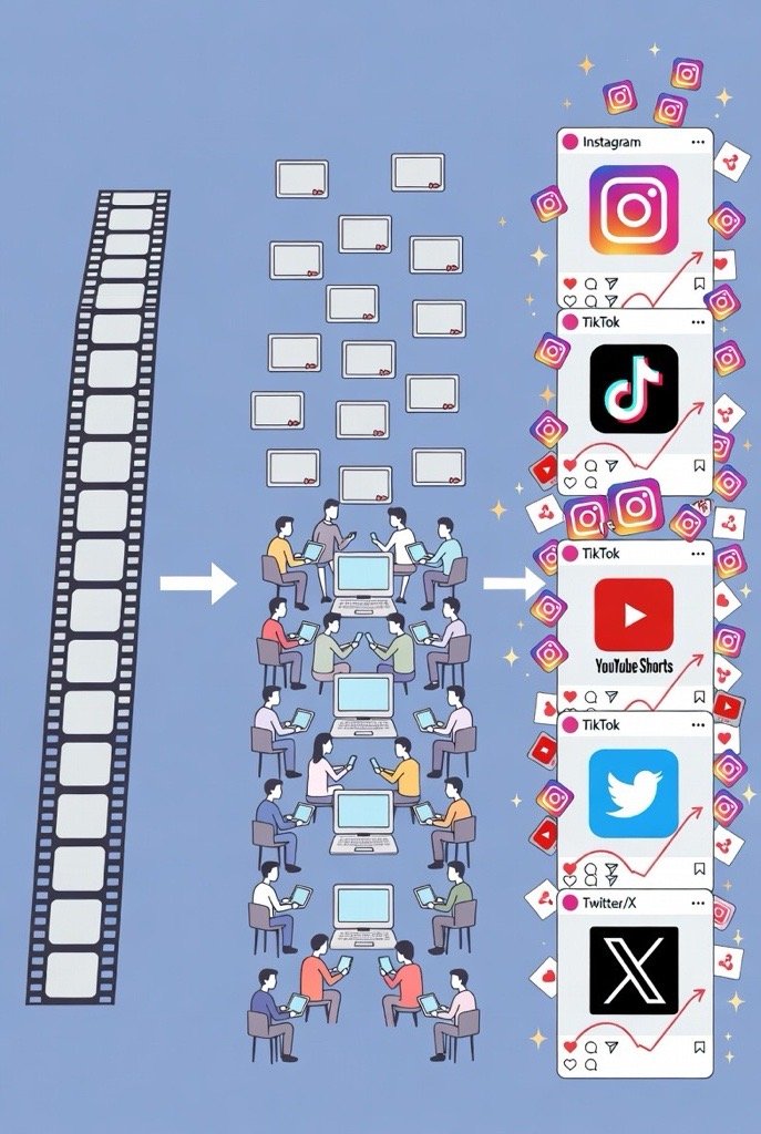 Illustration showing people using laptops and tablets to create social media content for platforms like Instagram, TikTok, YouTube Shorts, Twitter, and X, with film strip on the left and social media icons on the right. Clipping MMA. Scale MMA.