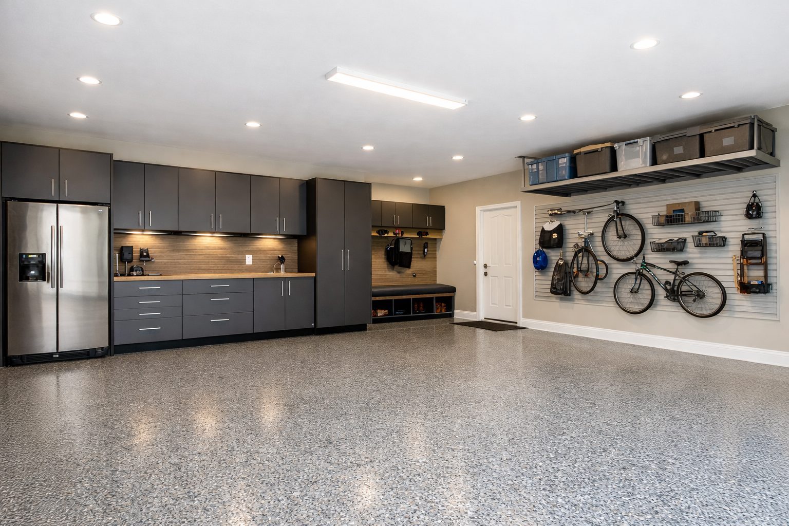 A spacious, organized garage with gray cabinets, a stainless steel refrigerator, and a wall with hanging bicycles, helmets, and storage bins.