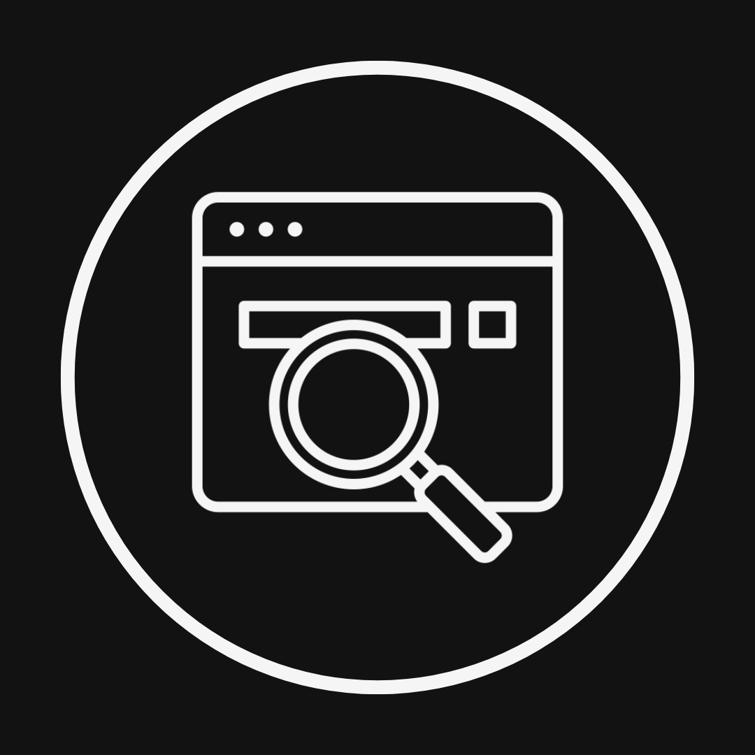 Icon of a web browser window with a magnifying glass exploring a washing machine.