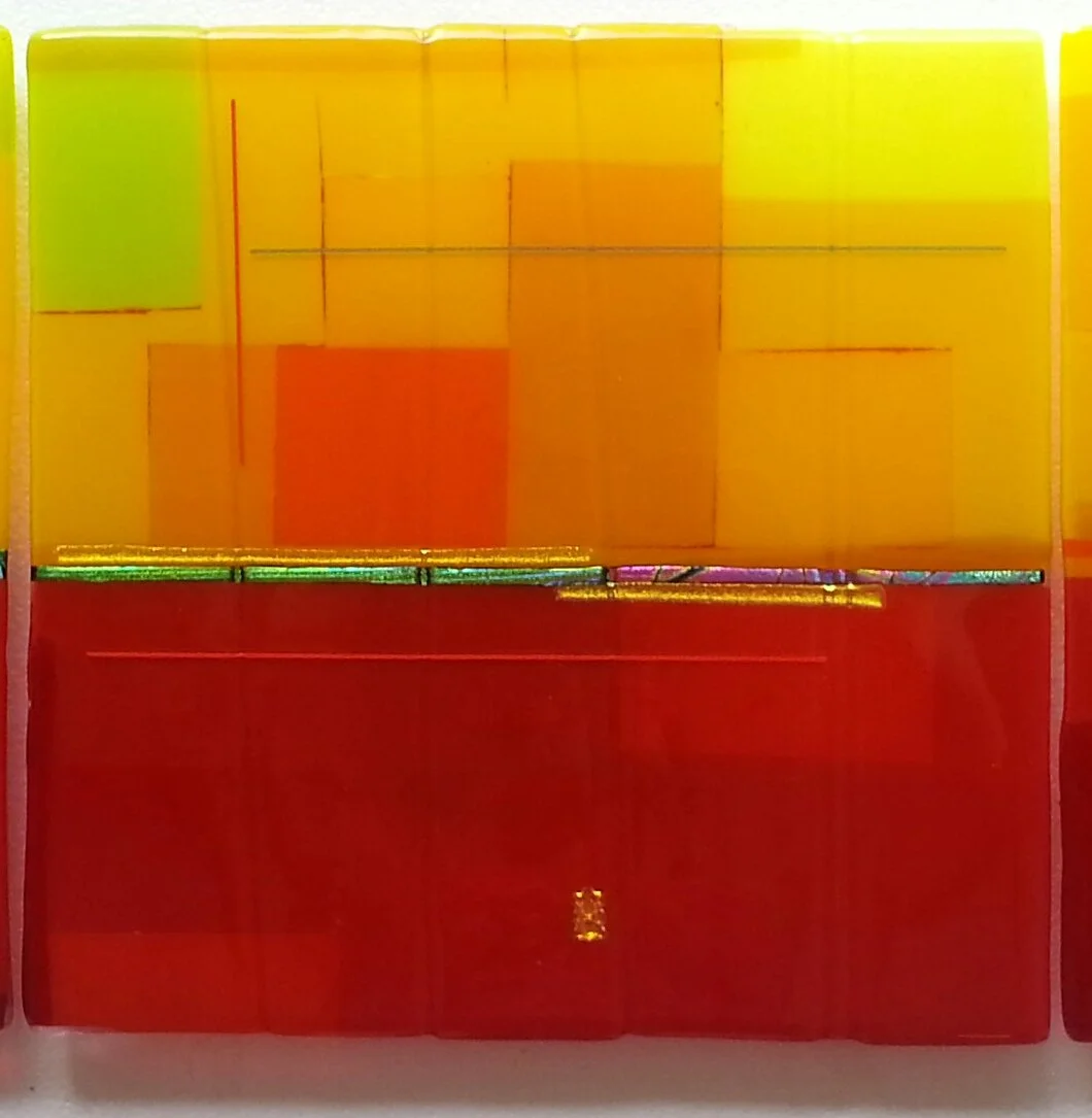 Yolanda Adra Designs.  Opalescent and dichroic fused glass.  16W x 16H. 