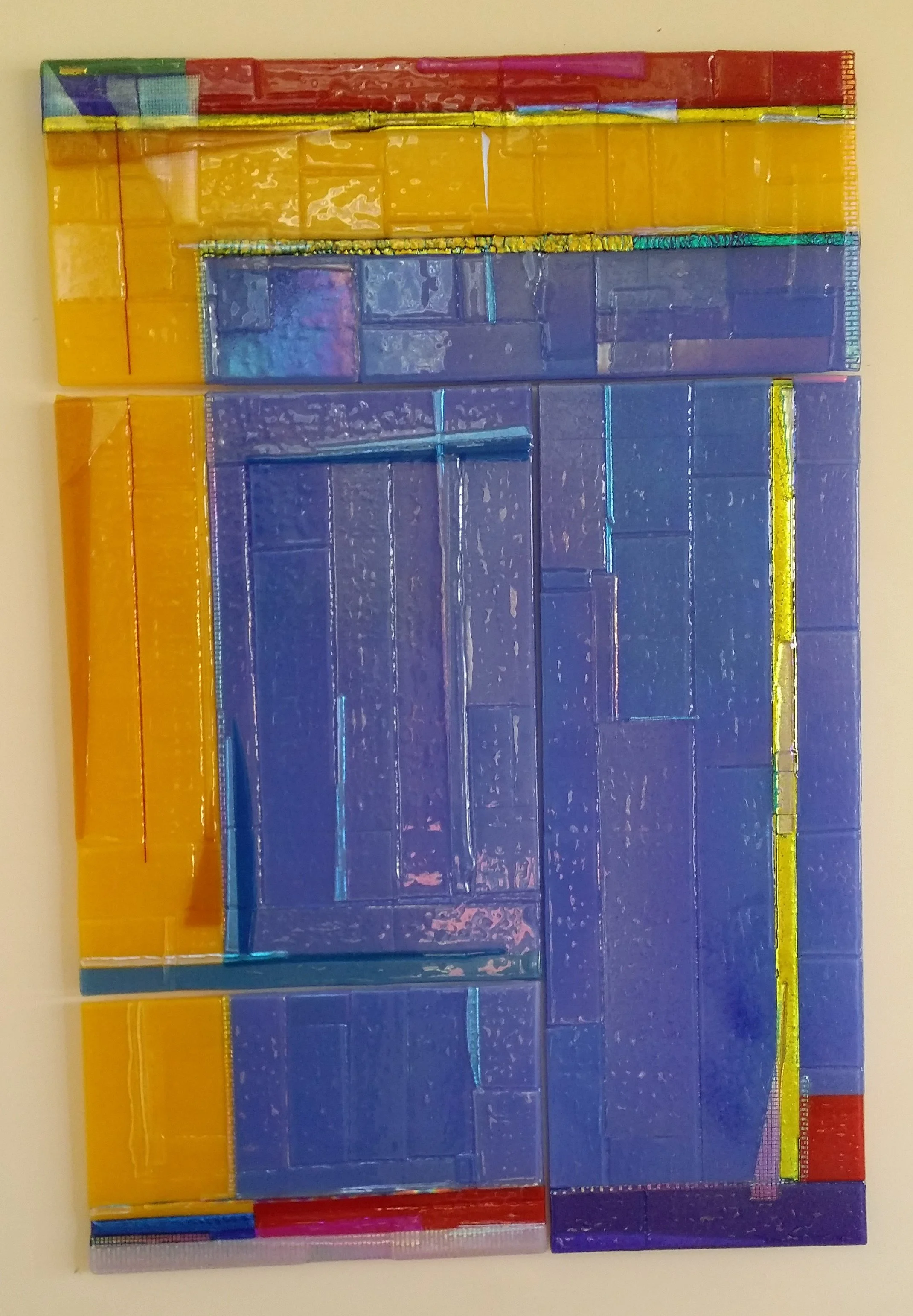 Yolanda Adra Designs.  Opalescent and dichroic fused glass.  Four-piece panel unit.  48H x 36W. 