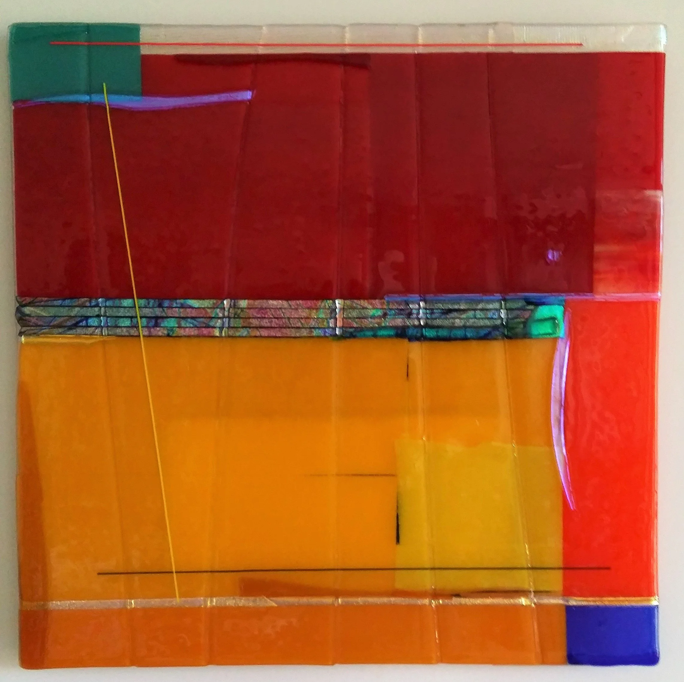 Yolanda Adra Designs:  Opalescent and dichroic fused glass.  24H x 24W. 