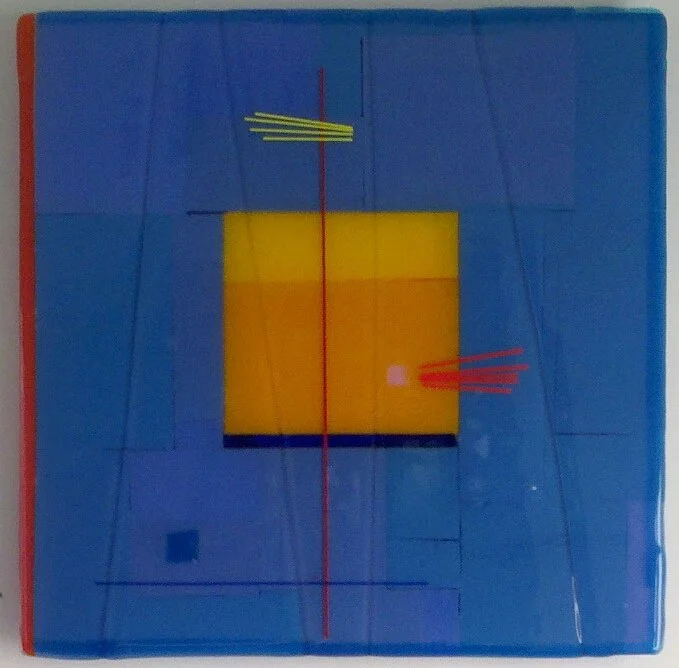 Abstract colorful geometric painting with blue background, yellow square, red and green lines, and small pink square.