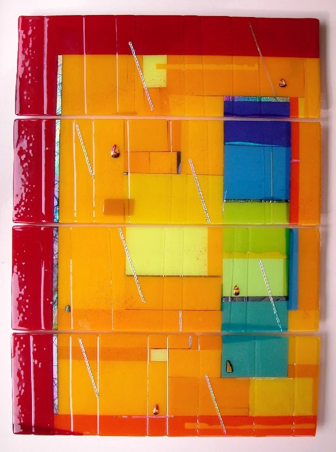 Yolanda Adra Designs.  Opalescent and dichroic fused glass.  Multi-panel unit:  48H x 34W. 