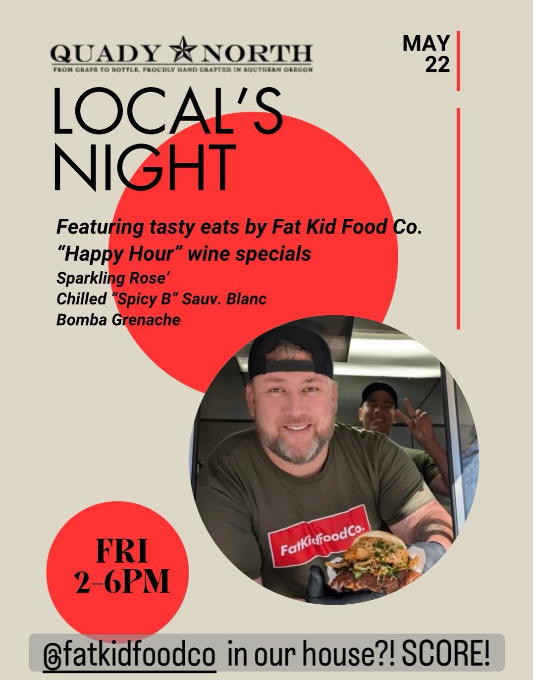 &ldquo;Local&rsquo;s night&rdquo; kicks off early this Friday at 2pm, as we welcome @fatkidfoodco to our tasting room.  Chaz and his team are coming up with some special menu items to go with our featured wines. Join us!