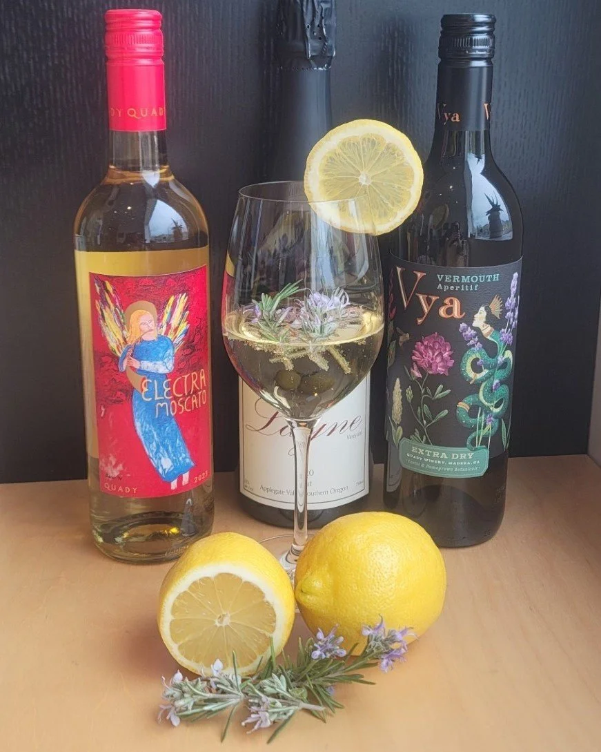 Introducing the monthly wine cocktail for April:

The April Showers:

- 4oz Layne Sparkling Brut
- .75oz Quady Vya Extra Dry Vermouth
- Splash of Quady Electra
- 2 flowering rosemary sprigs
- Lemon wheel