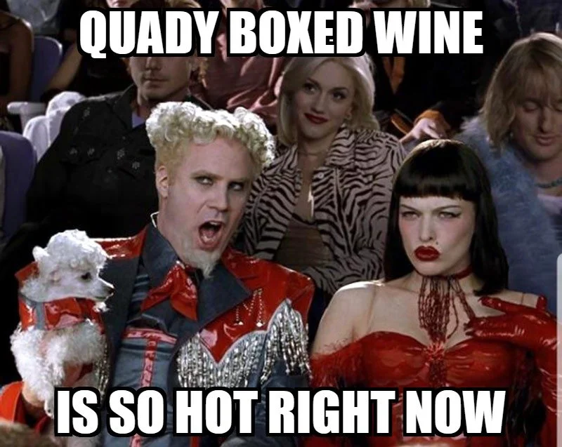 A Zoolander meme that says "Quady Boxed Wine is so hot right now."