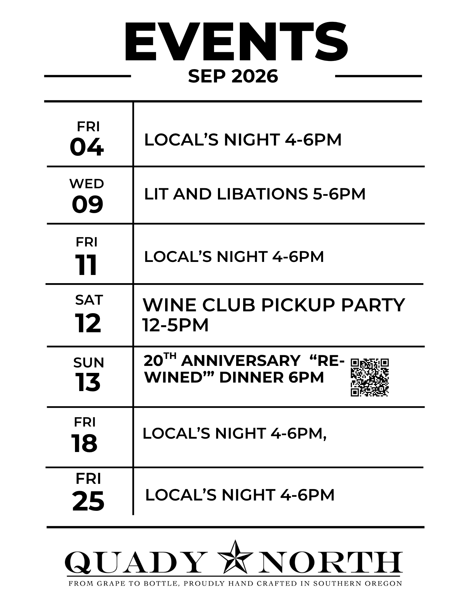 Calendar showing events happening at Quady North in September