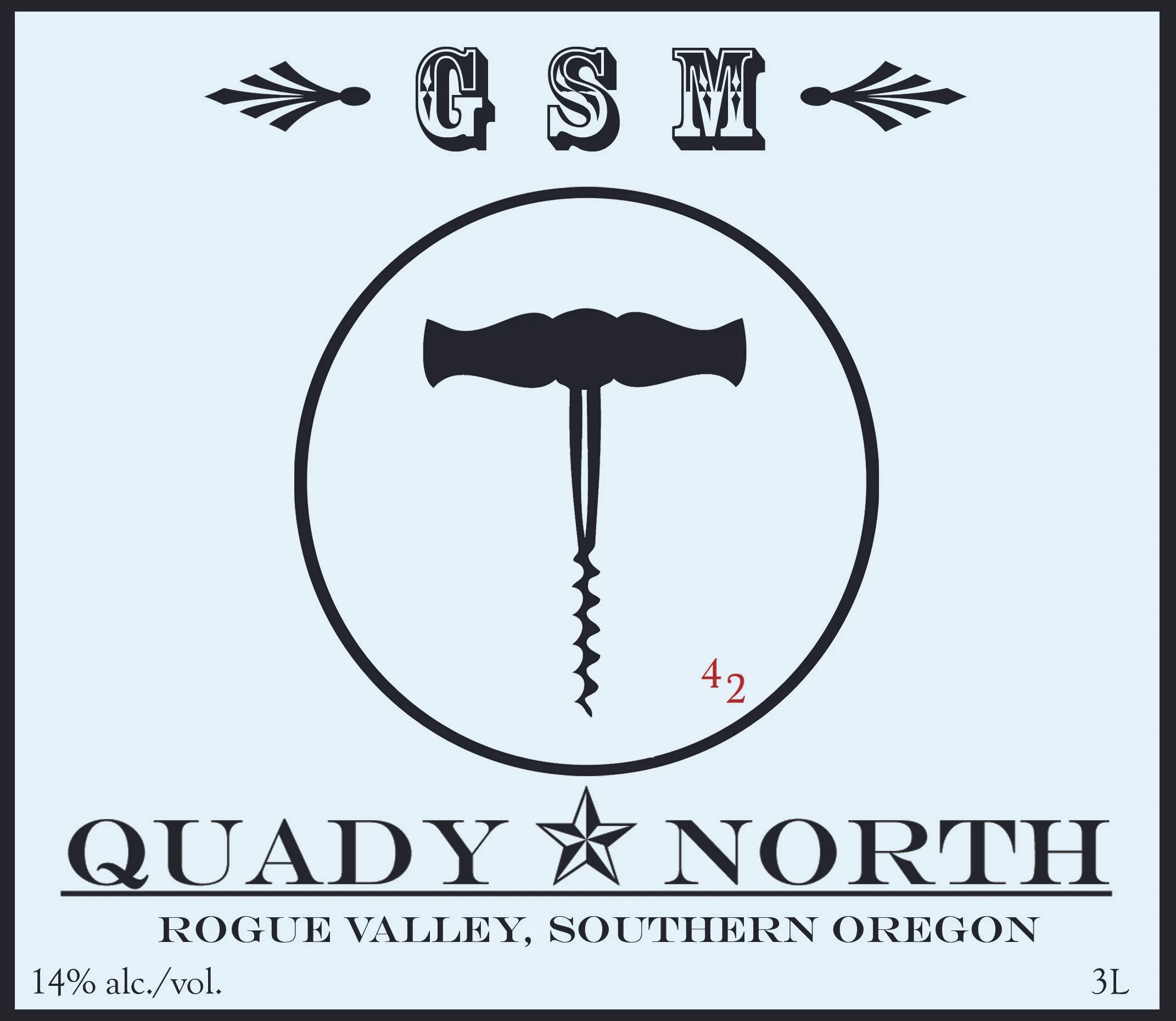 Label for Quady North 2024 GSM 3L, featuring a corkscrew and the letters "G-S-M"