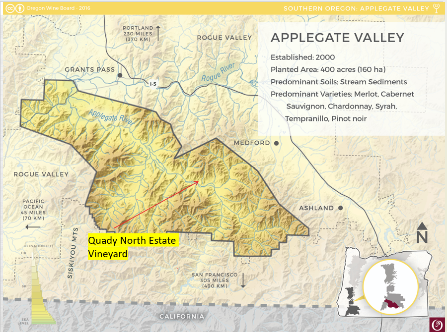 A map of the Applegate Valley AVA, showing the Quady North Estate Vineyard