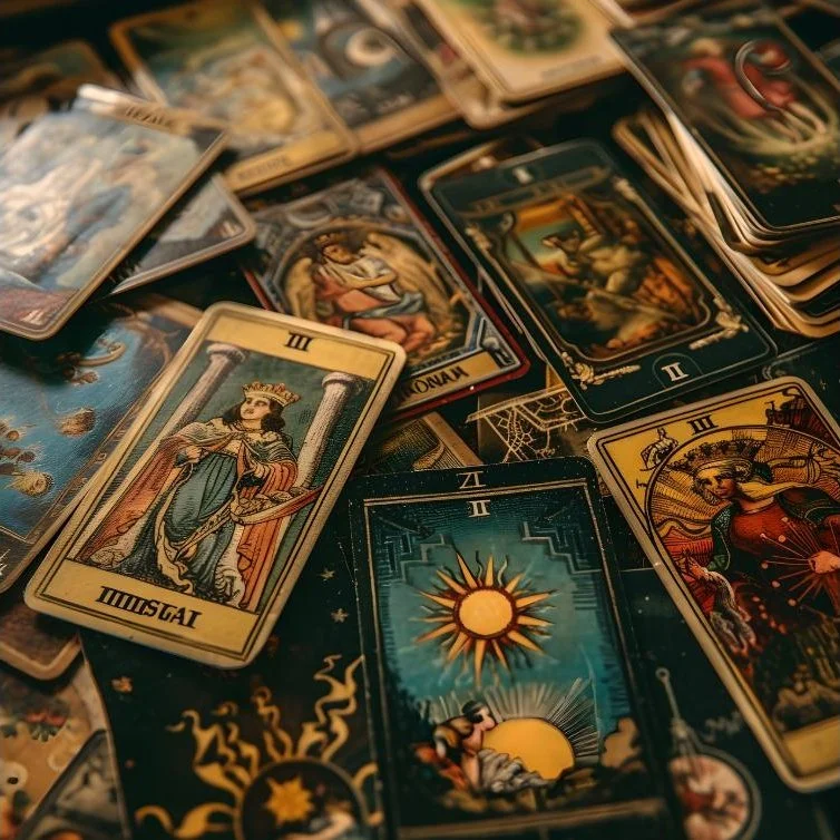 Jeu de cartes de tarot étalé, montrant différentes cartes avec des symboles et des illustrations mythologiques.
