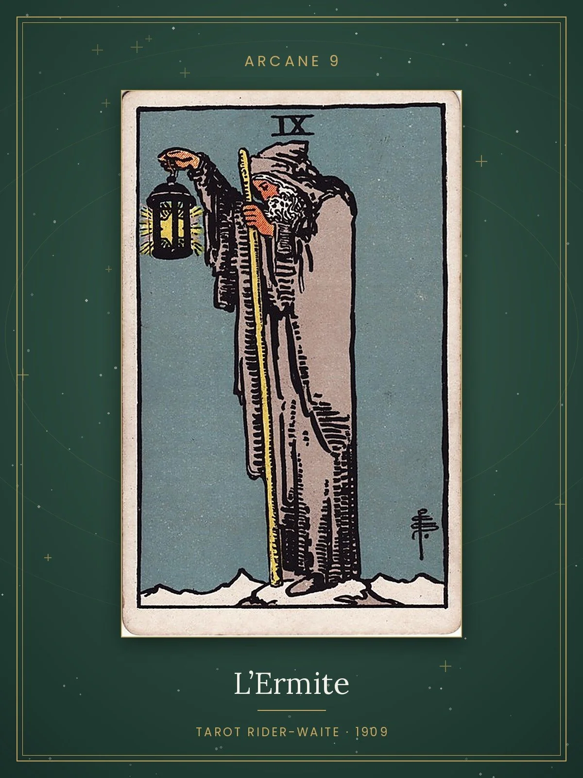L'Ermite, arcane 9 du tarot Rider-Waite, édition de 1909