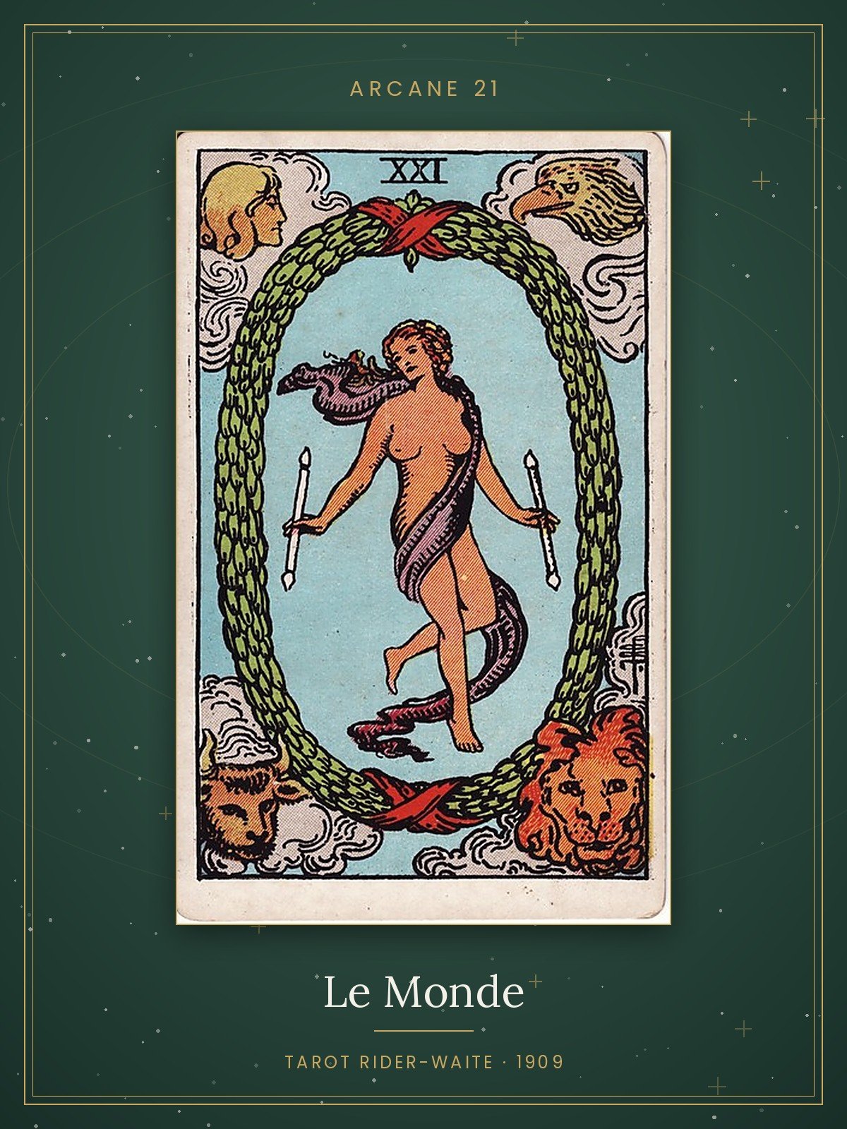 Le Monde, arcane 21 du tarot Rider-Waite, édition de 1909