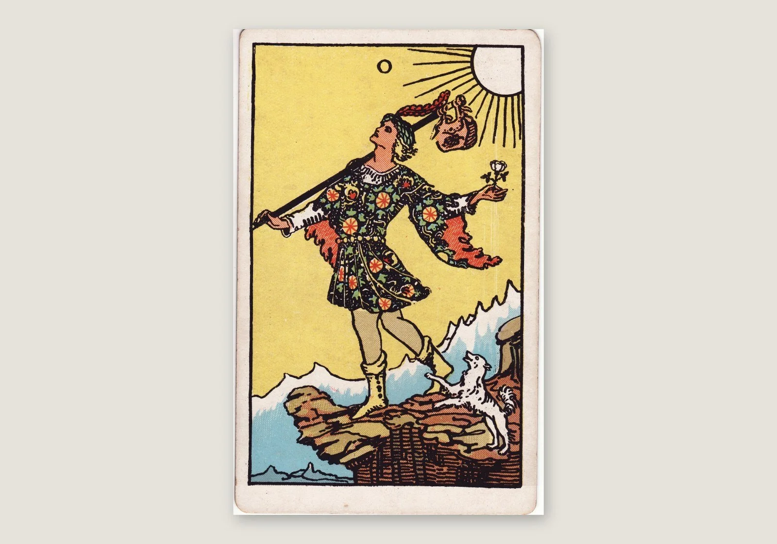 Le Mat, arcane 0 du tarot Rider-Waite (illustration de Pamela Colman Smith, 1909)
