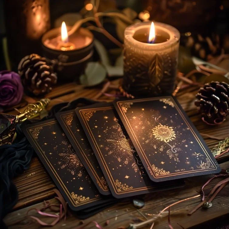 Tarots disposés sur une table en bois, entourés de bougies allumées, de pommes de pin, de fleurs et de rubans, dans une ambiance chaleureuse et mystérieuse.