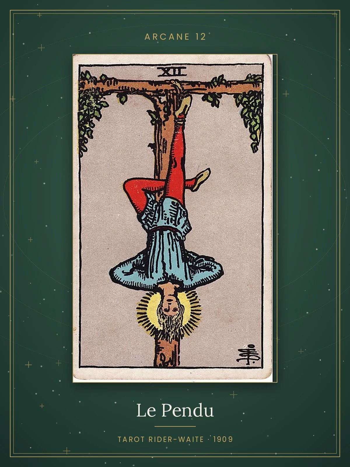 Le Pendu, arcane 12 du tarot Rider-Waite, édition de 1909