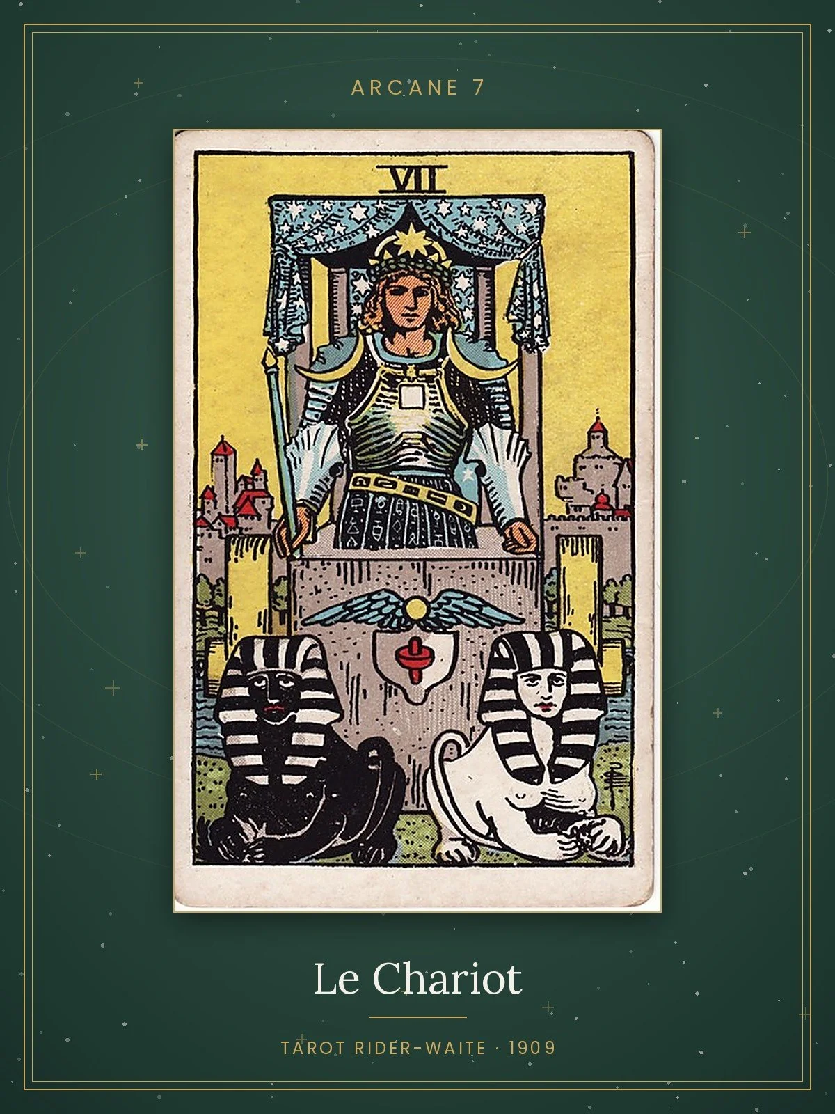 Le Chariot, arcane 7 du tarot Rider-Waite, édition de 1909