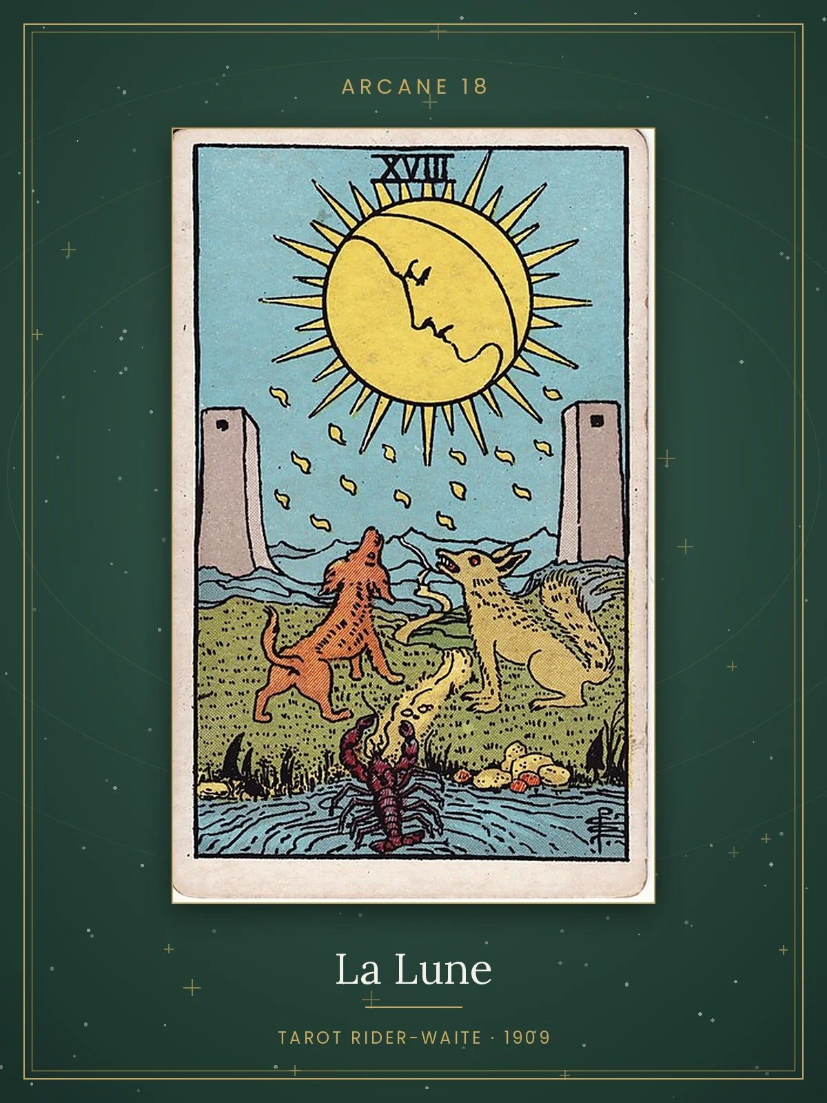 La Lune, arcane 18 du tarot Rider-Waite, édition de 1909