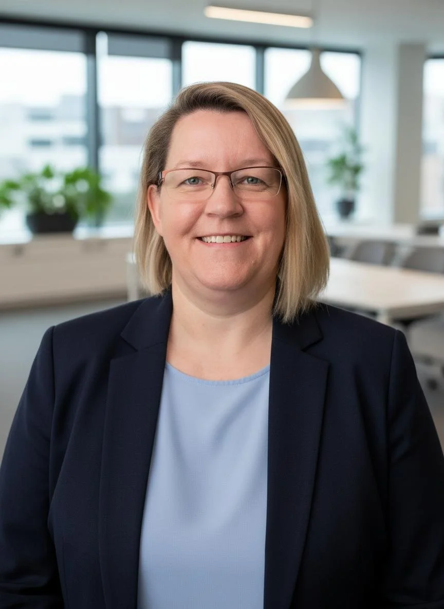 Une femme souriante portant des lunettes, habillée d'un blazer noir et d'un haut bleu clair, dans un bureau moderne avec de grandes fenêtres et des plantes en arrière-plan.