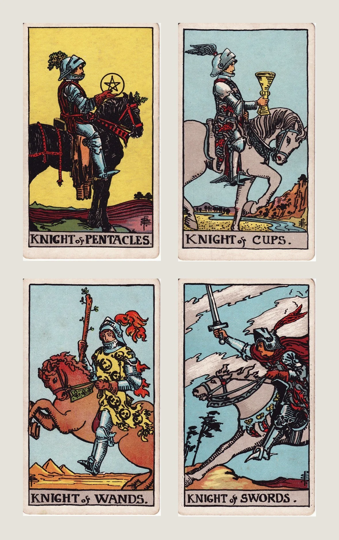 Les quatre Cavaliers du tarot Rider-Waite-Smith : Deniers, Coupes, Bâtons et Épées, du cheval arrêté au grand galop.