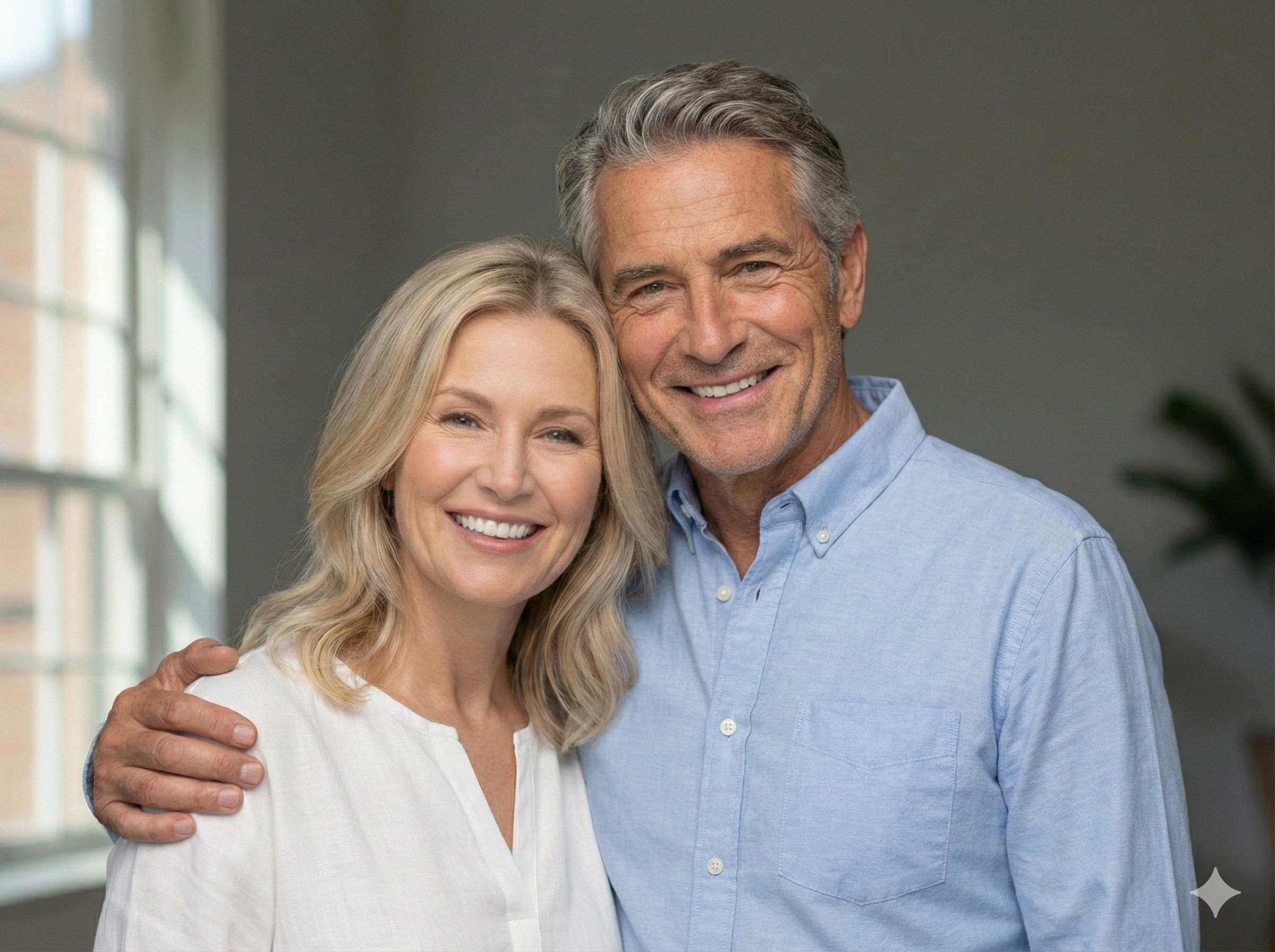 Smiling middle-aged couple with gray hair embracing indoors