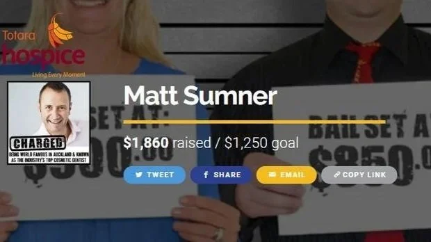 Crowd funding webpage showing Matt Sumner's name, fundraising goal of $1,250, and amount raised of $1,860, with options to share, email, or copy link.