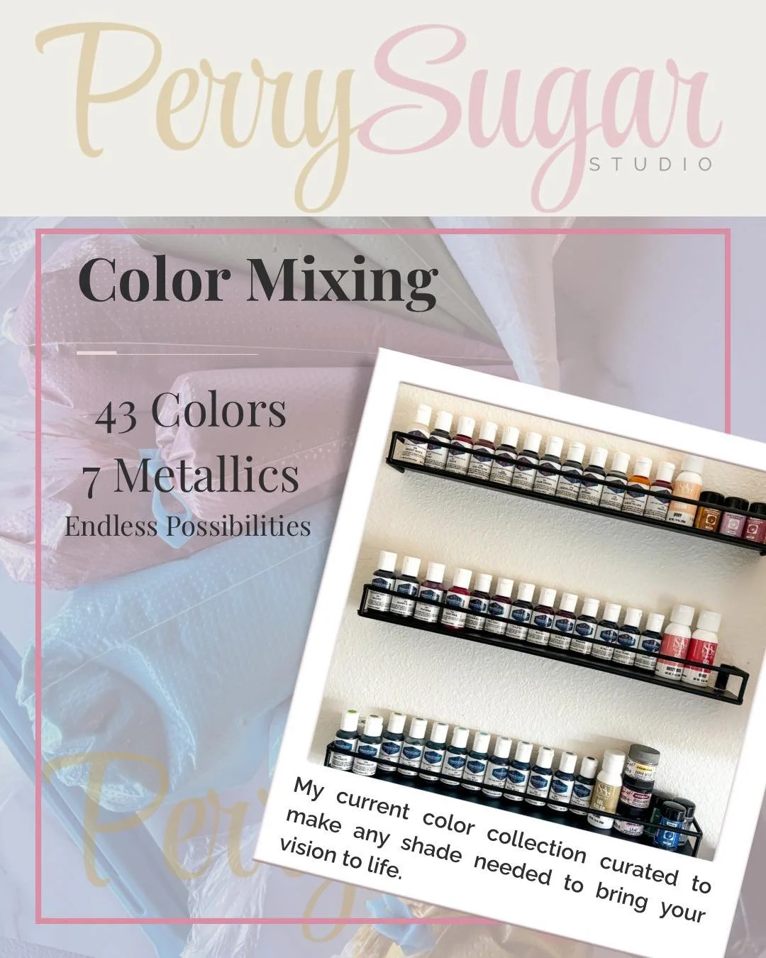 Color mixing in royal icing is a technical skill, and you cannot execute it well from a disorganized collection.

This is my full AmeriColor Soft Gel Paste setup, including some Sugar Art colors. All three student kits, 43 bottles, arranged lightest 