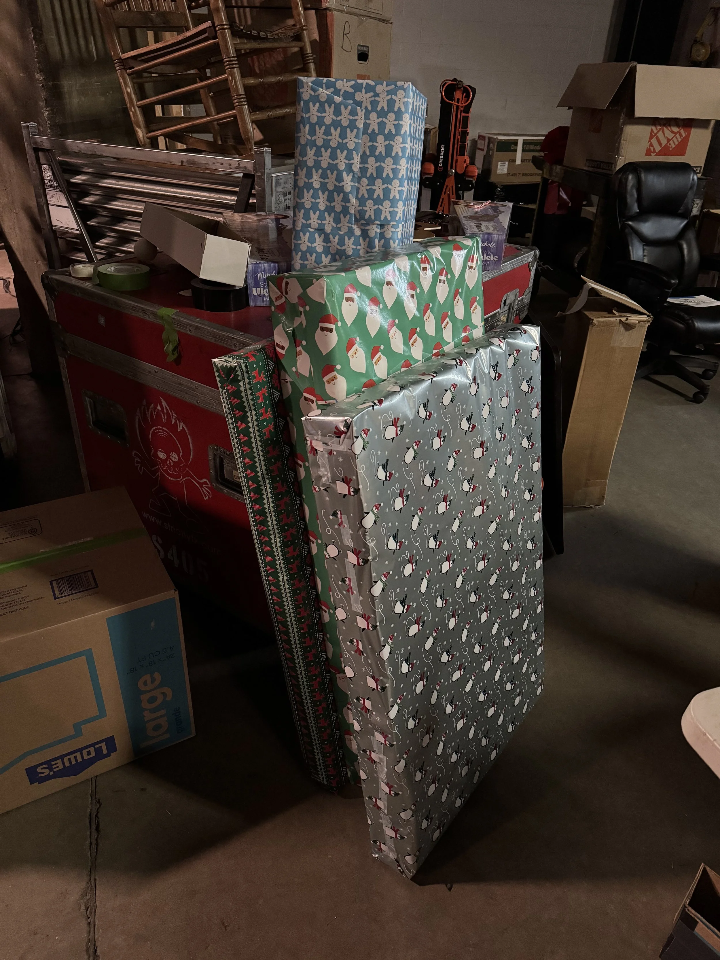 Reconstructed boxes that I helped build and wrap for the WWE Christmas double taping in Grand Rapids, Michigan 