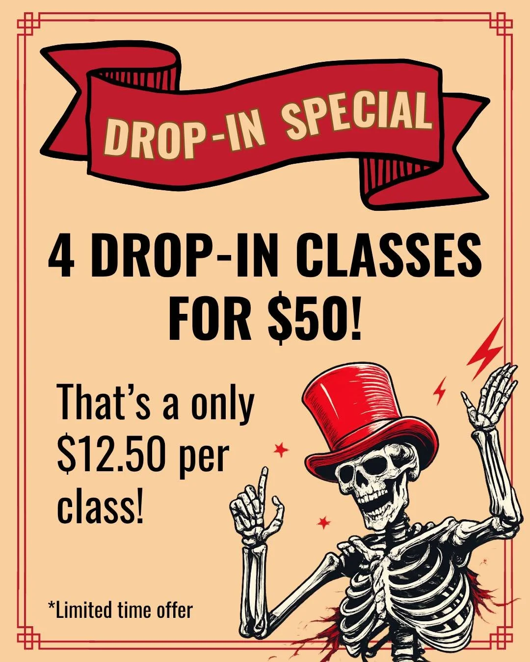 Time is running out to claim our drop-in class special: 4 classes for just $50. That&rsquo;s only $12.50 a class (which is honestly kind of ridiculous).

Okay, yes, we know we&rsquo;ve been posting about this special a lot, but 4 classes for $50 is k