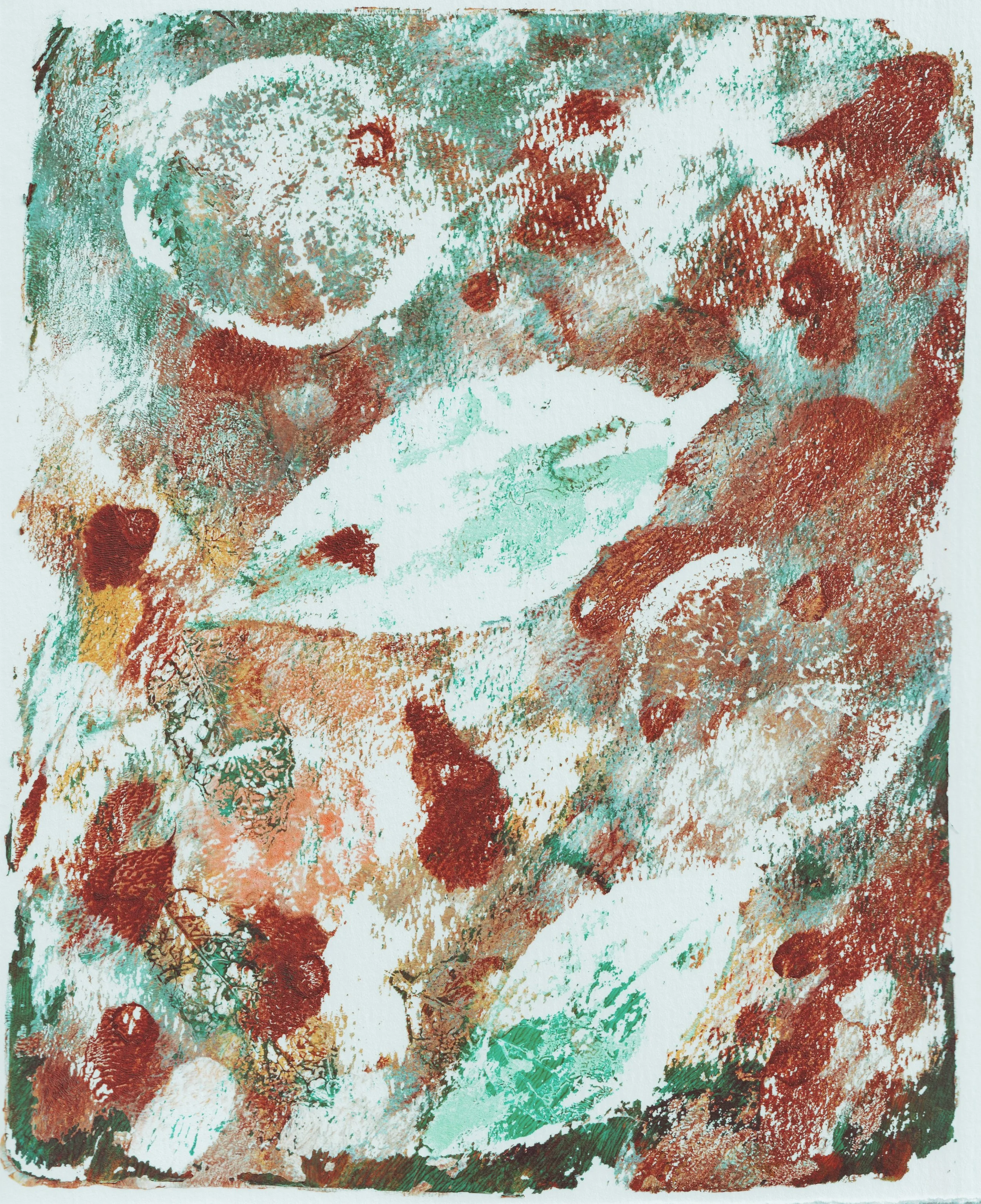 Botanical monoprint with orange and leaf impressions in warm red and green tones on textured paper.