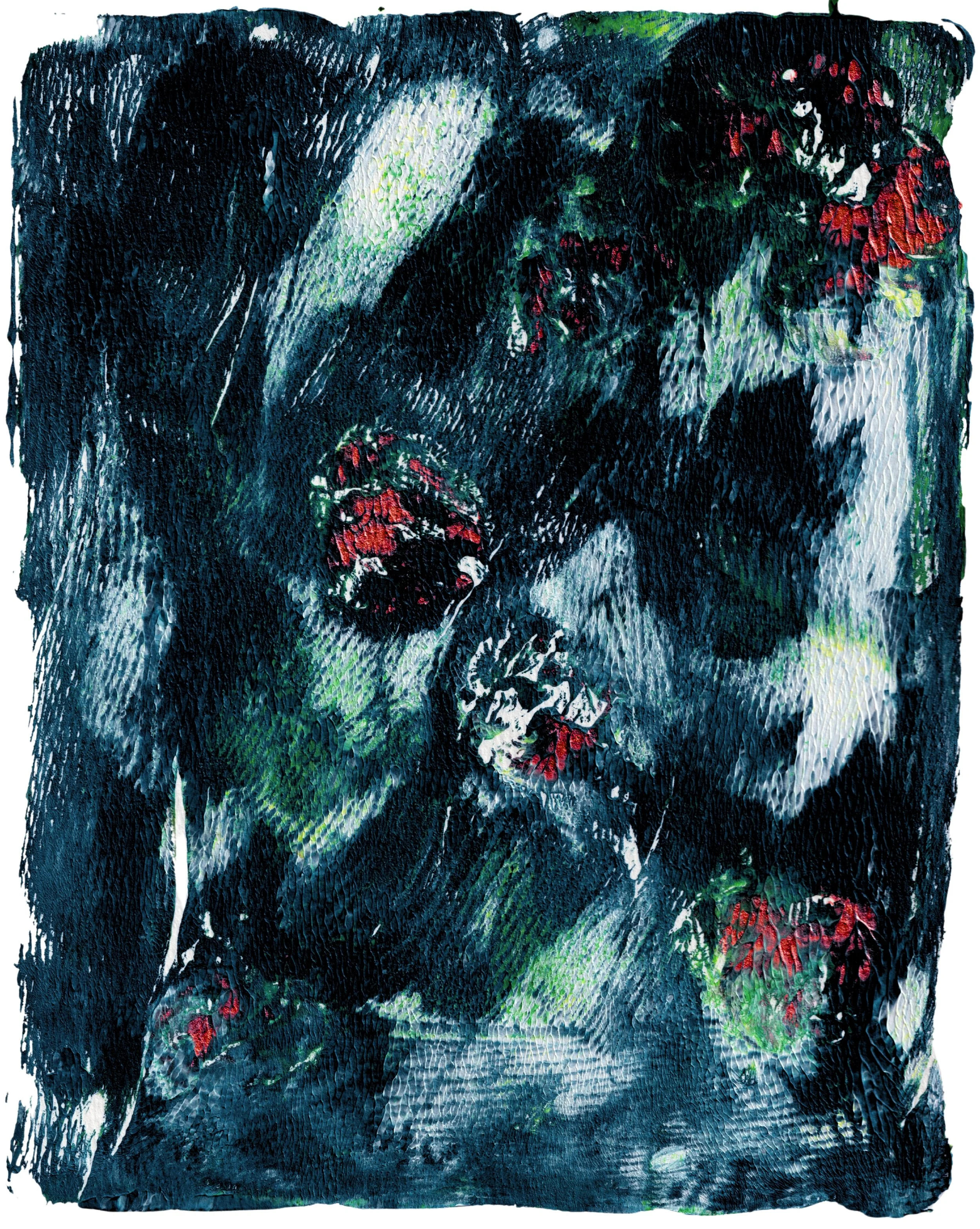 Botanical monoprint with rose and petal impressions in deep blue, red, and white tones on textured paper.