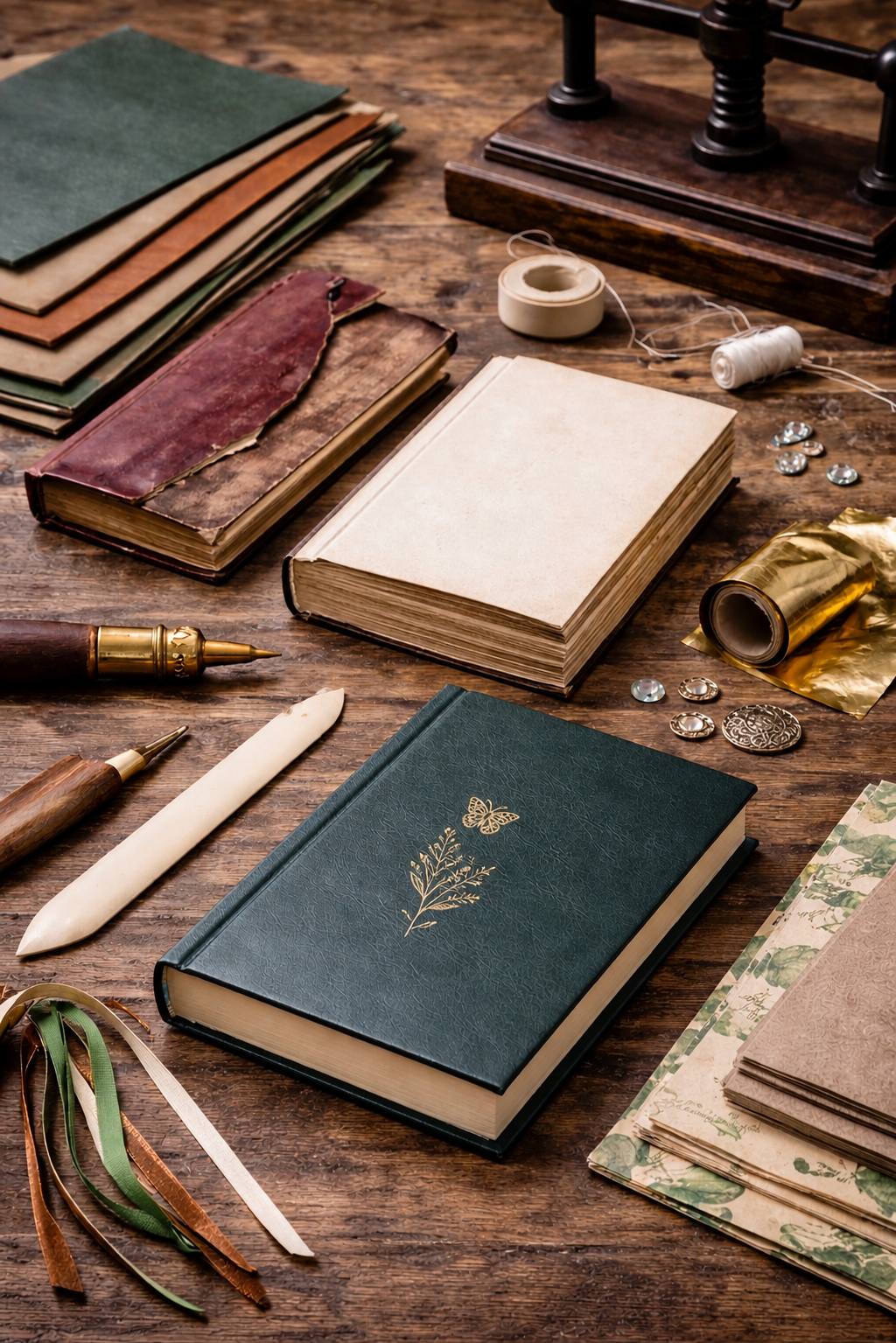 Handbound book with small gold foil botanical and butterfly design on a wooden workbench, surrounded by traditional bookbinding tools and materials.