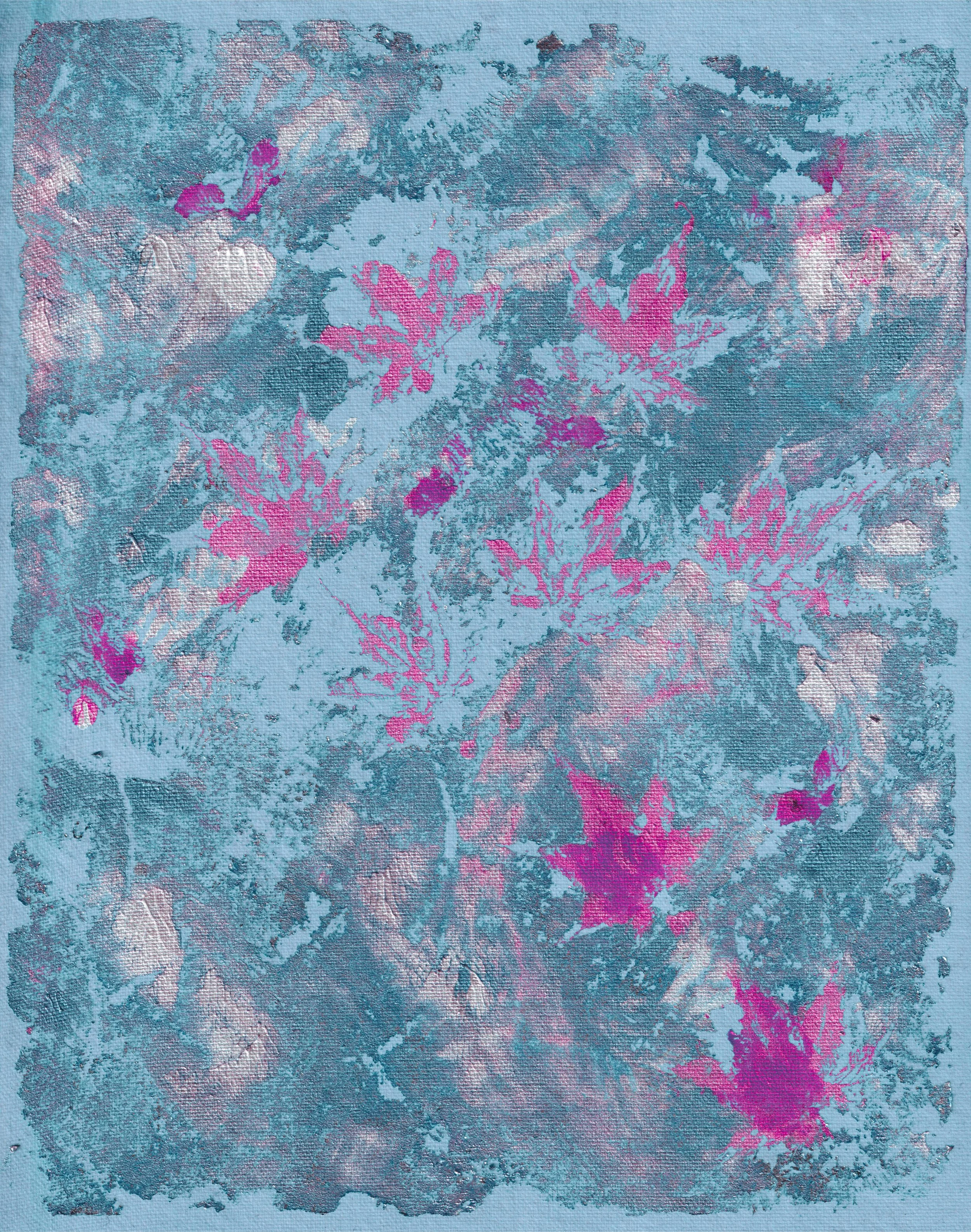 Botanical monoprint with Japanese maple leaf impressions in teal and pink tones on textured paper.