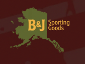 Logo of B&J Sporting Goods with a green tree and orange text on a dark background.