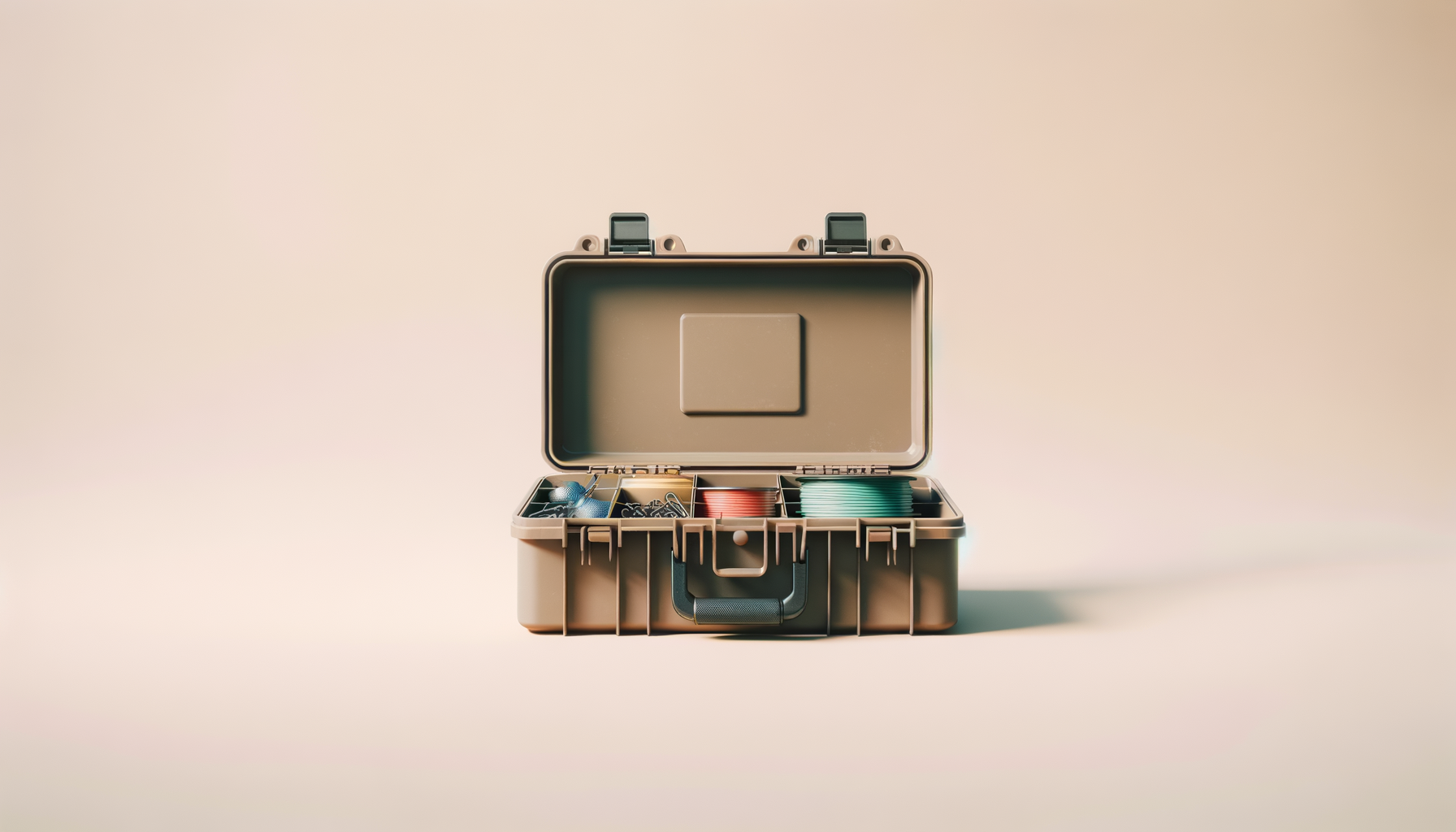 Open small beige tackle box containing fishing gear, including fishing line, hooks, and colored bobbers, on a plain light background.