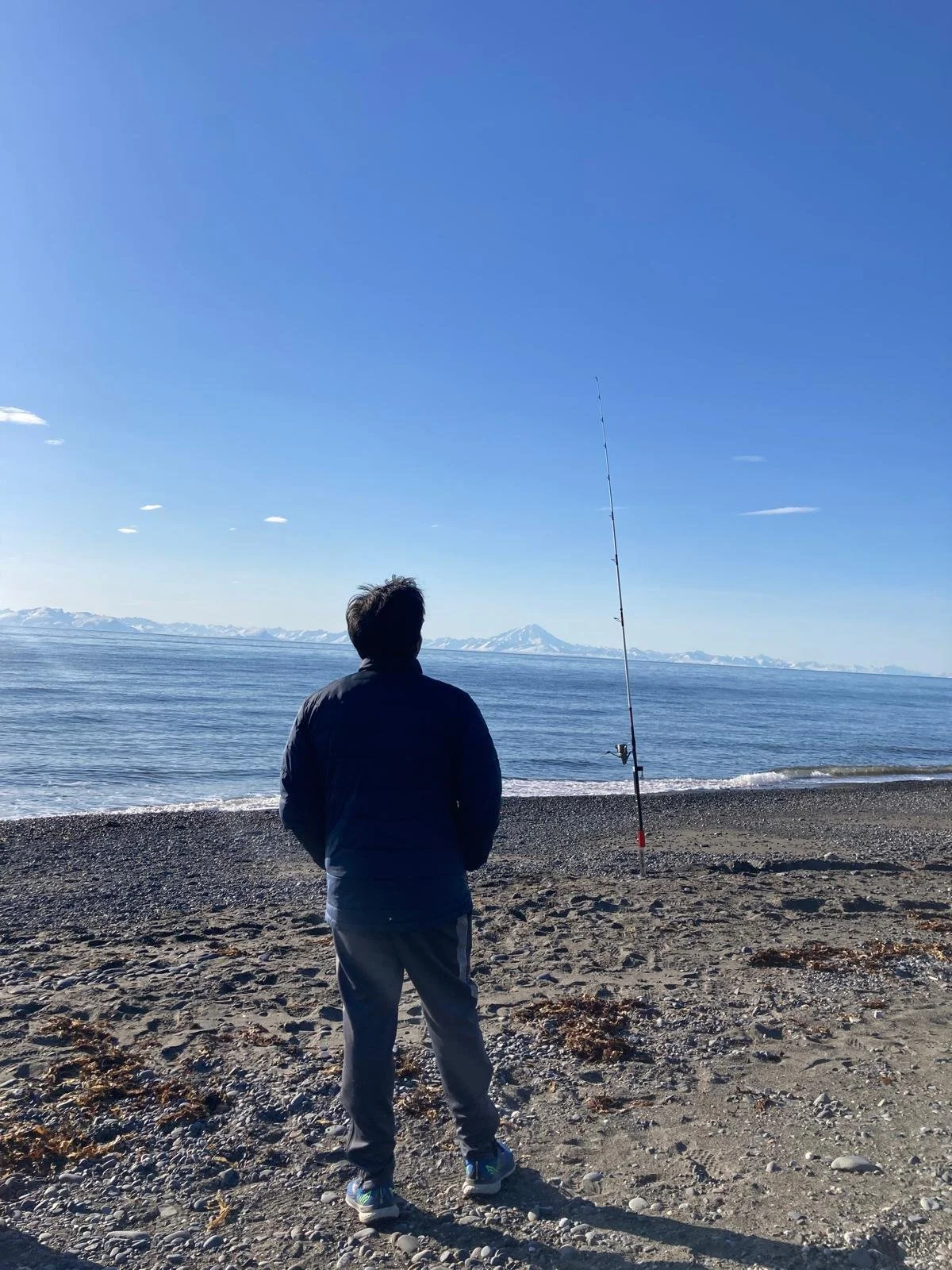 Shorebound's surf guide stands on a beach on the Kenai Peninsula, in Alaska, facing the ocean, with a fishing rod set up nearby, Mount Redoubt in the background under a clear blue sky.
