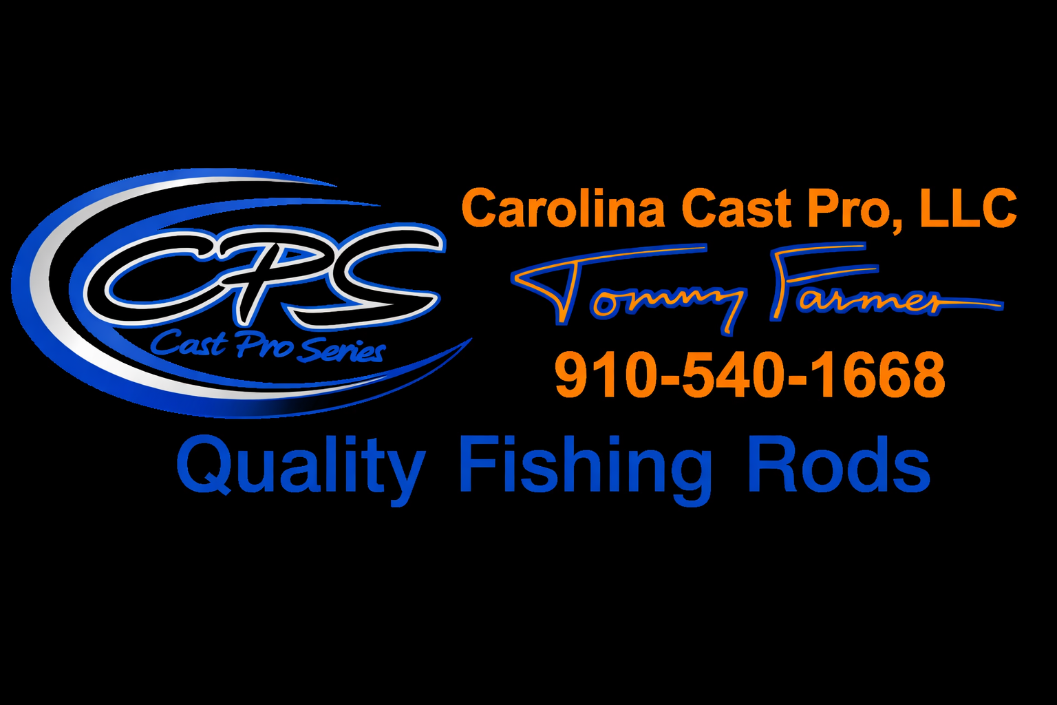 Business card for Carolina Cast Pro, LLC, featuring the CRS logo and Tommy Farmer's signature, with contact number 910-540-1668, promoting quality fishing rods.