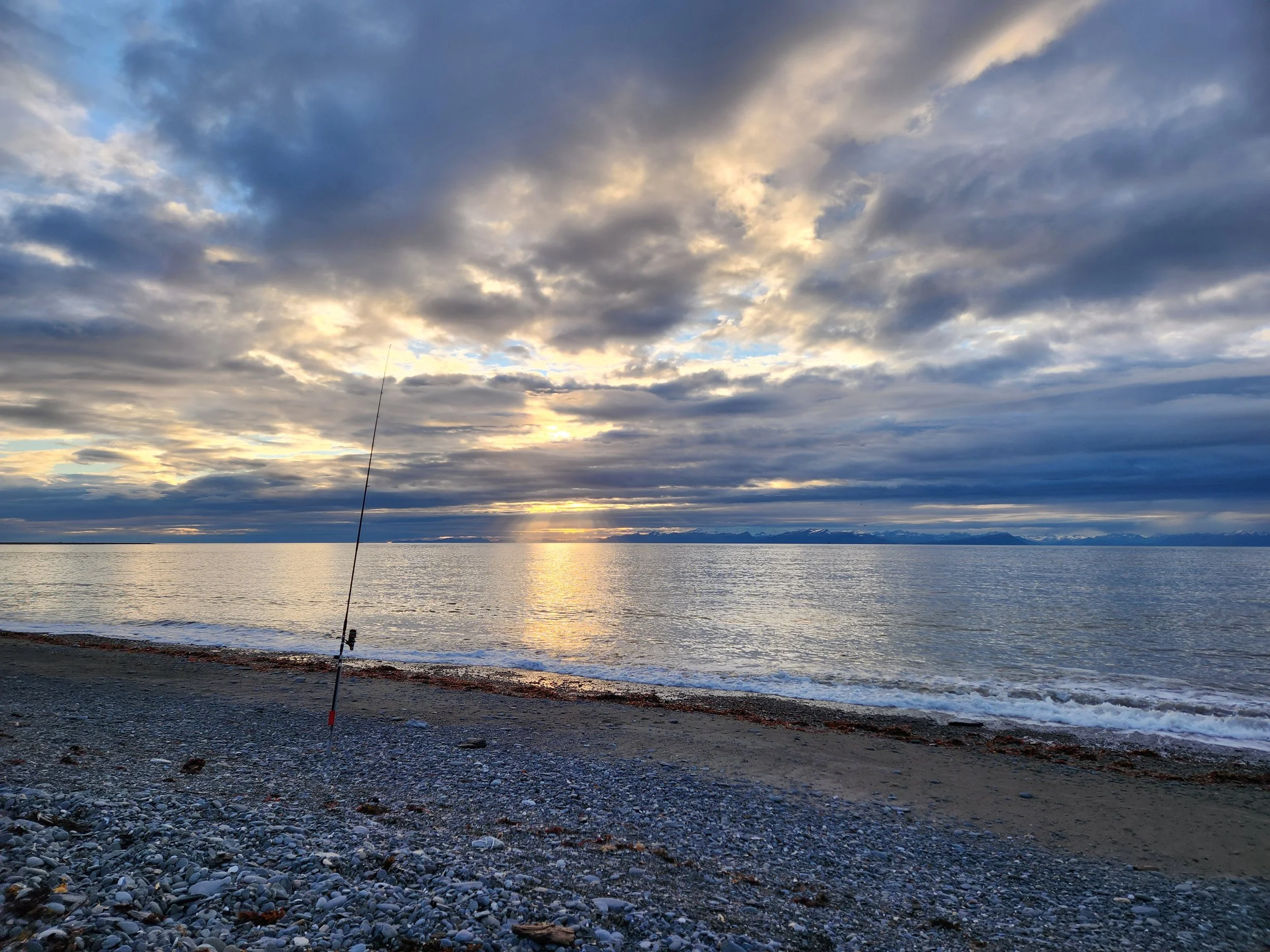 A fishing rod standing on a pebbled Cook Inlet beach on the Kenai Peninsula in Alaska with calm ocean water and a cloudy sky during sunset.