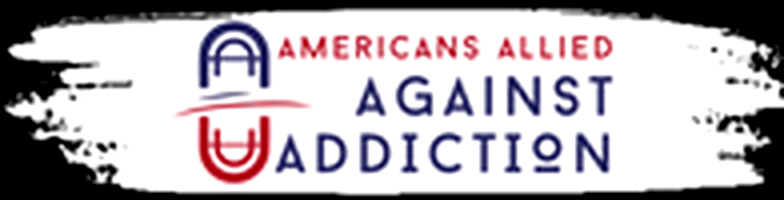 Logo with text 'Americans Allied Against Addiction' in red and blue, featuring stylized symbols of a head and a U, on a white background with black brush strokes.