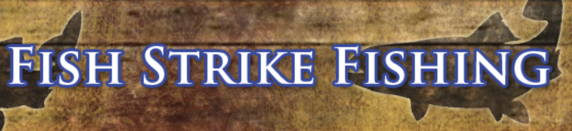 Text saying 'Fish Strike Fishing' over a background of a fish silhouette, with a mottled, camouflage-like color scheme.