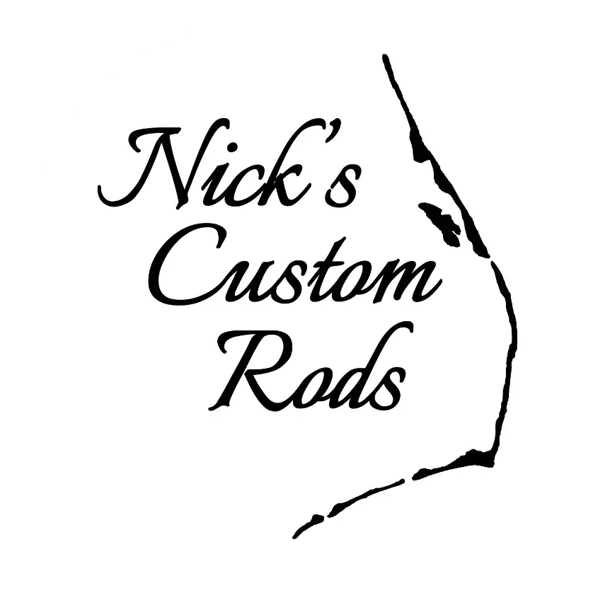 A circular logo for Nick's Custom Rods with stylized text and a silhouette of a fishing rod and line.