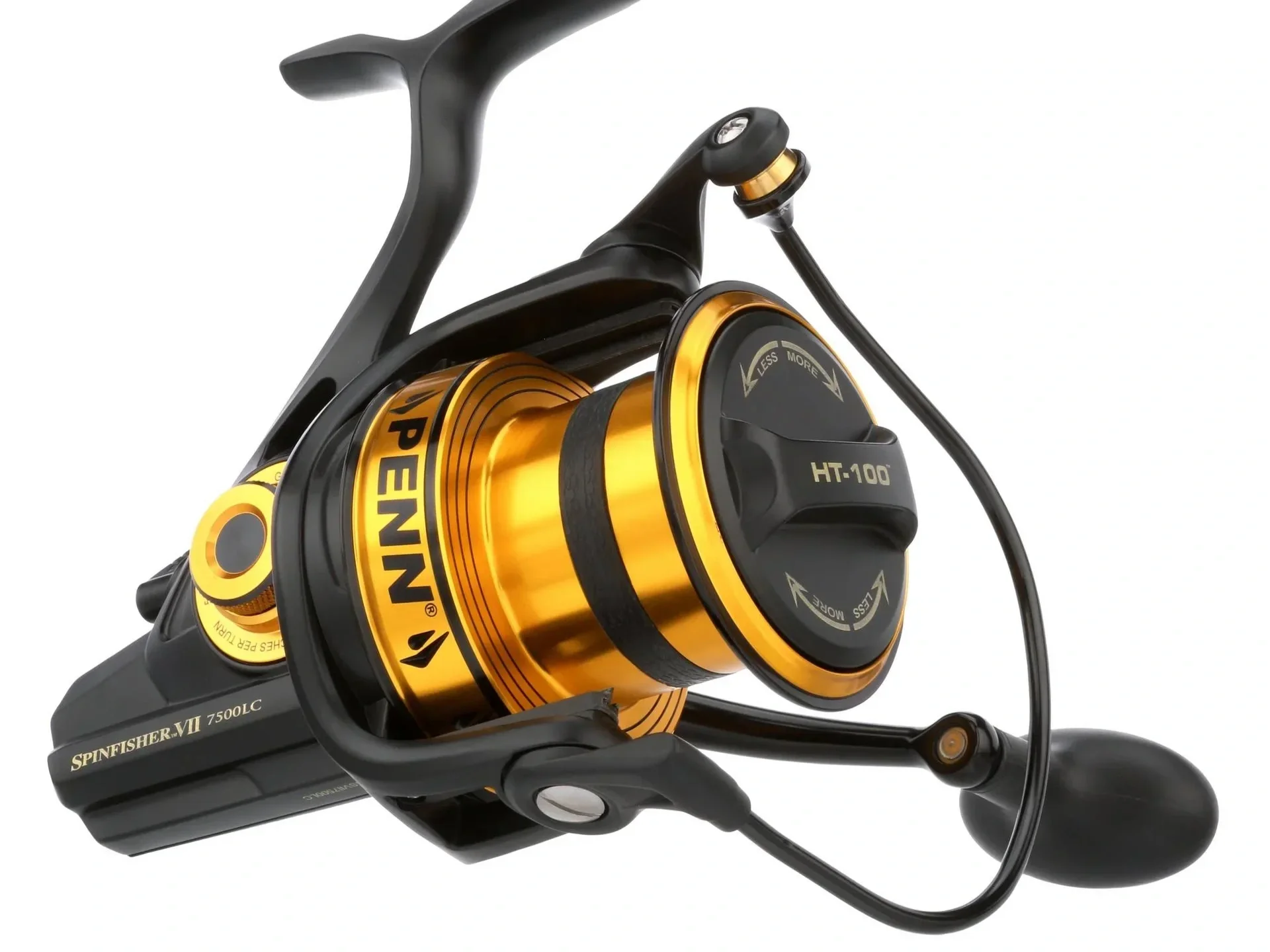 Close-up of a black and gold spinning fishing reel with the words 'SPINFISHER VII' and '7500LC' visible.