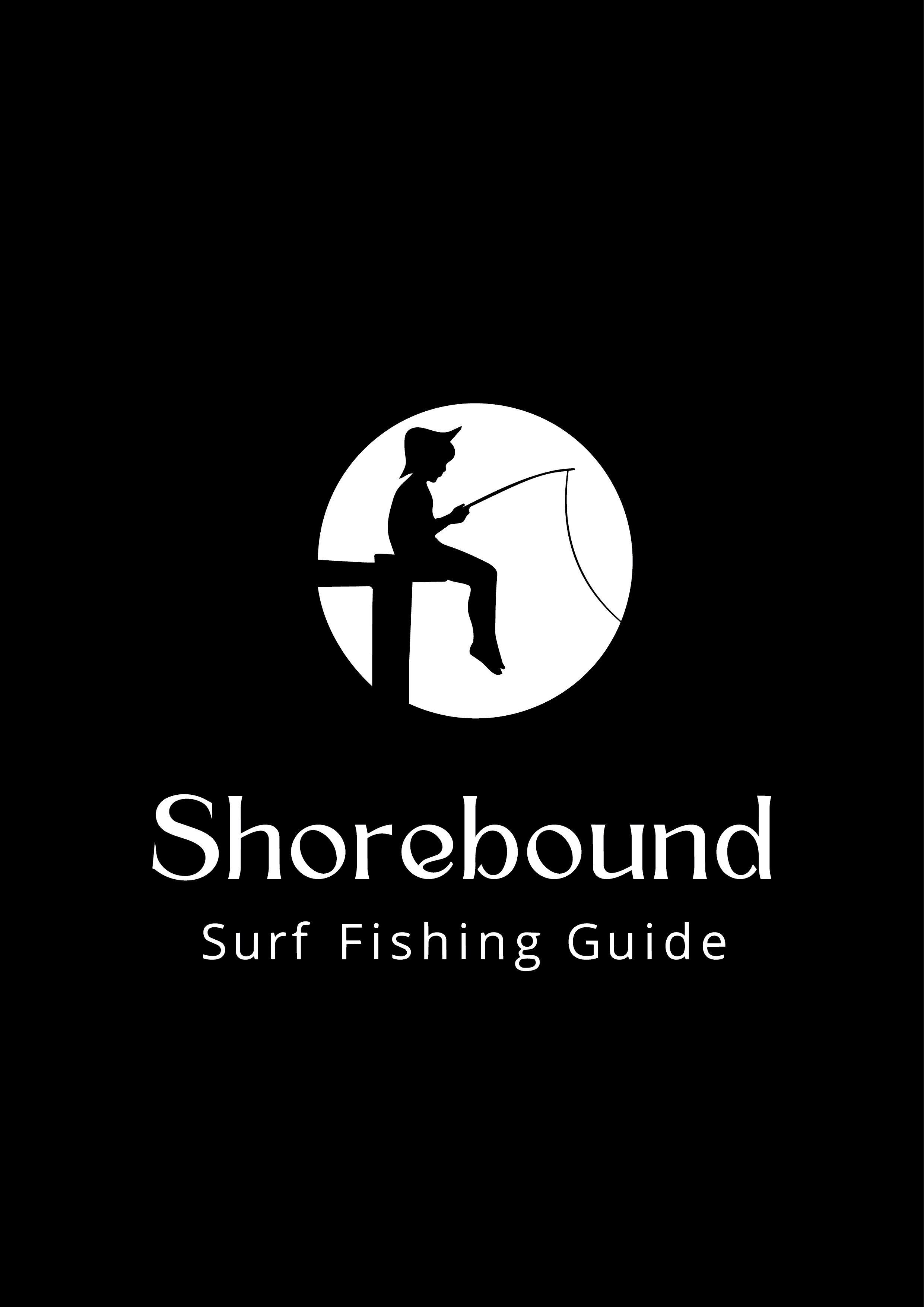 Cover design for 'Shorebound Surf Fishing Guide' featuring silhouette of a boy fishing on a pier against a circular moonlit background on a black backdrop.