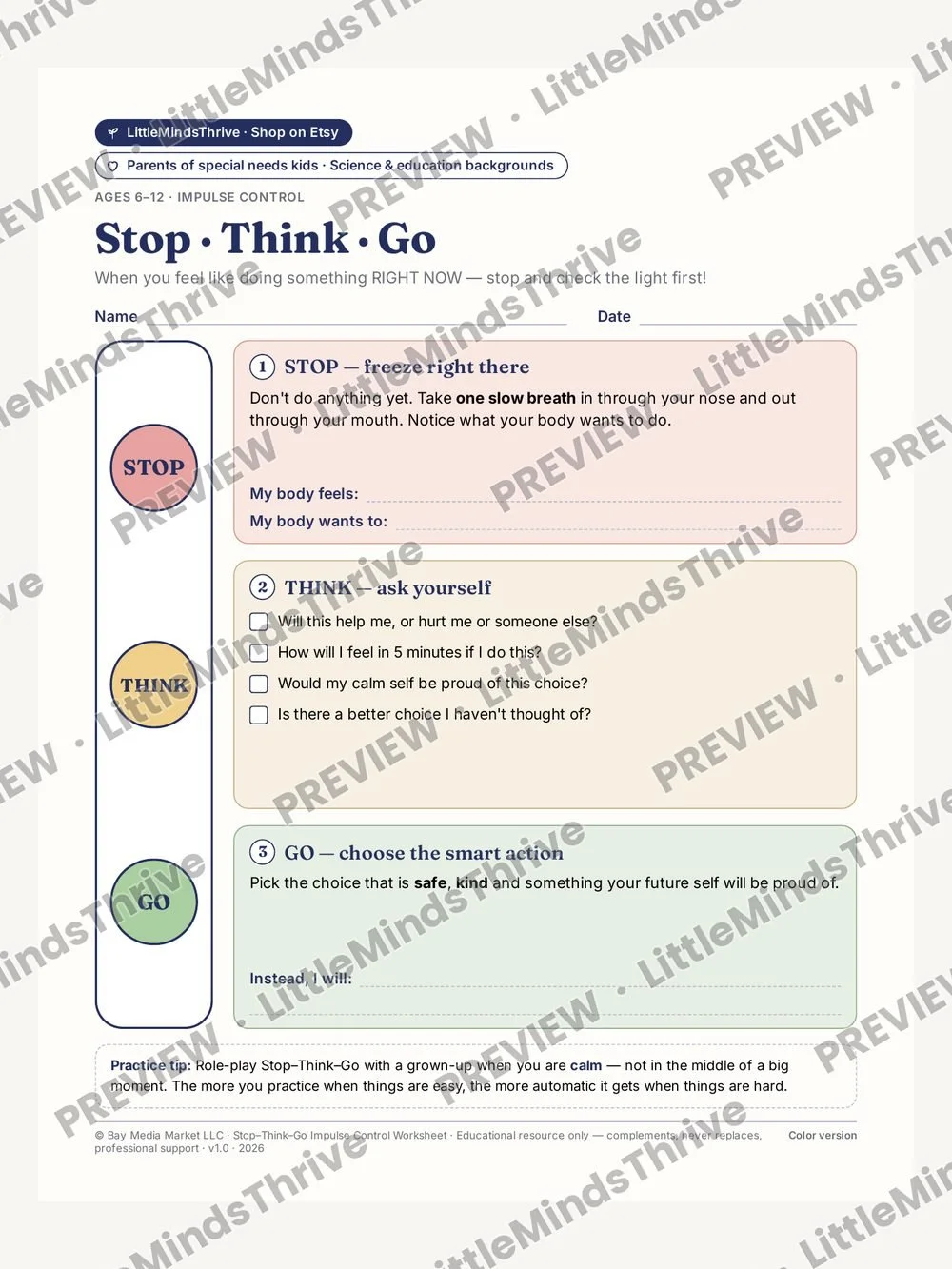 Stop · Think · Go Impulse Control Worksheet