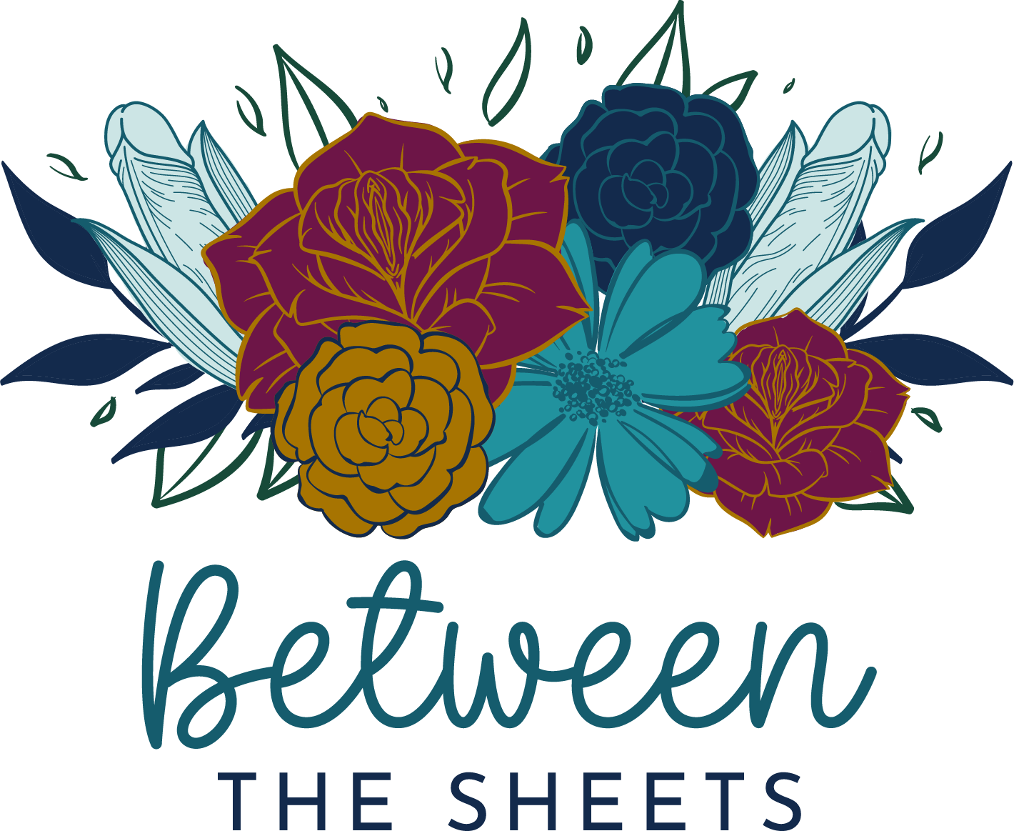 A floral design featuring large burgundy roses, mustard yellow roses, a blue anemone, a blue carnation, white lilies, and blue and green leaves. Below the flowers, the text 'Between the Sheets' is written in stylized cursive, with 'THE SHEETS' in smaller uppercase letters underneath.