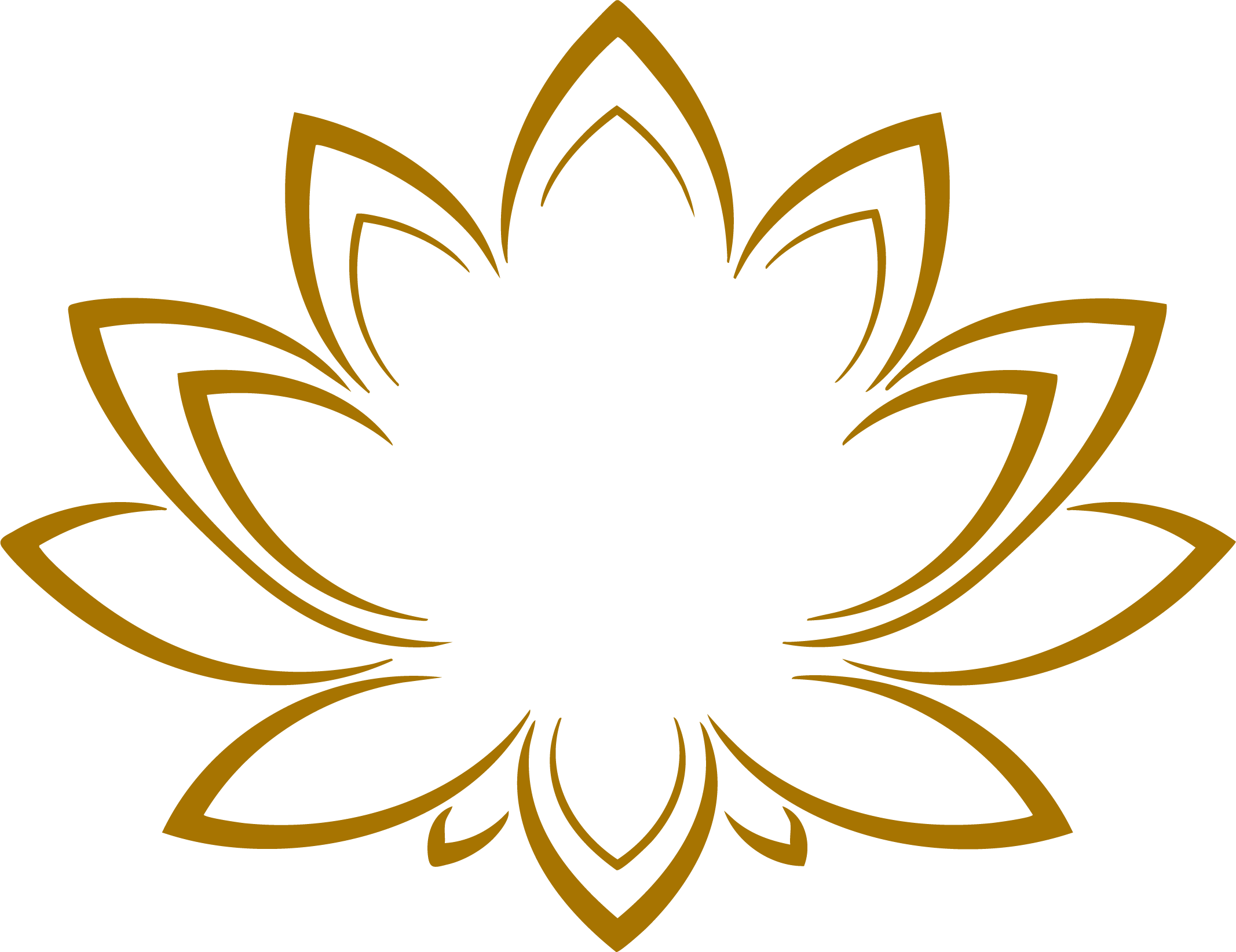 Line art of a couple embracing in front of a stylized lotus flower with gold outline on a black background.