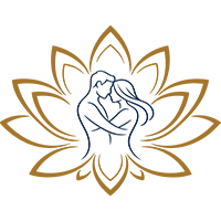 A stylized blue figure of a person in a yoga pose surrounded by a gold lotus flower outline.